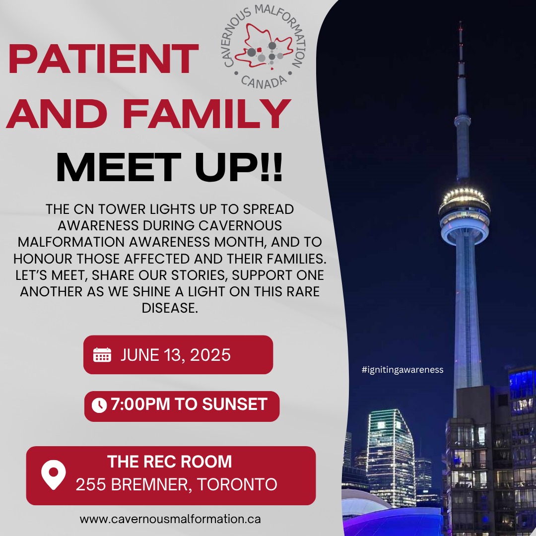 Hosted by Domenica, Director of our Board and also a Care Navigator, join us at the Rec Room to share stories and connect! There is something incredibly safe and meaningful about spending time with other patients and families impacted by cavernoma. It reminds us that we are not alone.
At sunset we will walk to take photo ops of the Iconic @cntower lit in red #ignitingawareness and honouring each and every one of you living a cavernoma impacted life.
RSVP at the link in our bio or at
https://www.cavernousmalformation.ca/events/cmc-patient-and-family-meet-up-in-toronto-on
📸 of CN Tower @1ne0ak
#cavernoma #cavernousmalformation #canadalightsupforcavernousmalformation #shinebrightforcavernousmalformation #toronto #cavernousmalformationawarenessmonth #cavernousangioma