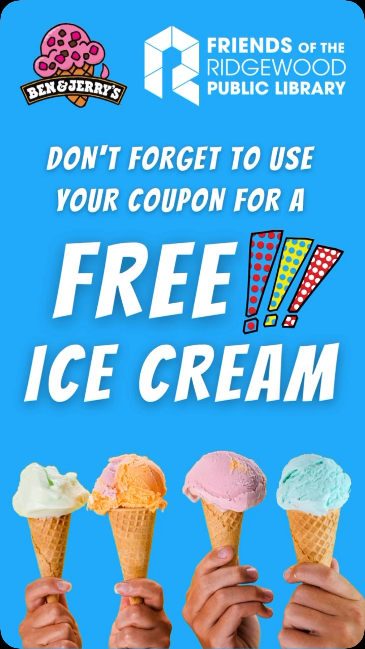 🌞 It’s heating up this week! To all of our amazing young readers - Don’t forget to use your Reading Marathon Ben & Jerry’s coupon for a free ice cream cone any time this summer.
Did you know they also offer catering and cakes for all of your celebrations? Stop by the store today to get yours!
#FriendsoftheRidgewoodLibrary #RidgewoodPublicLibrary #BenandJerrys #ReadingMarathon #FreeIceCream