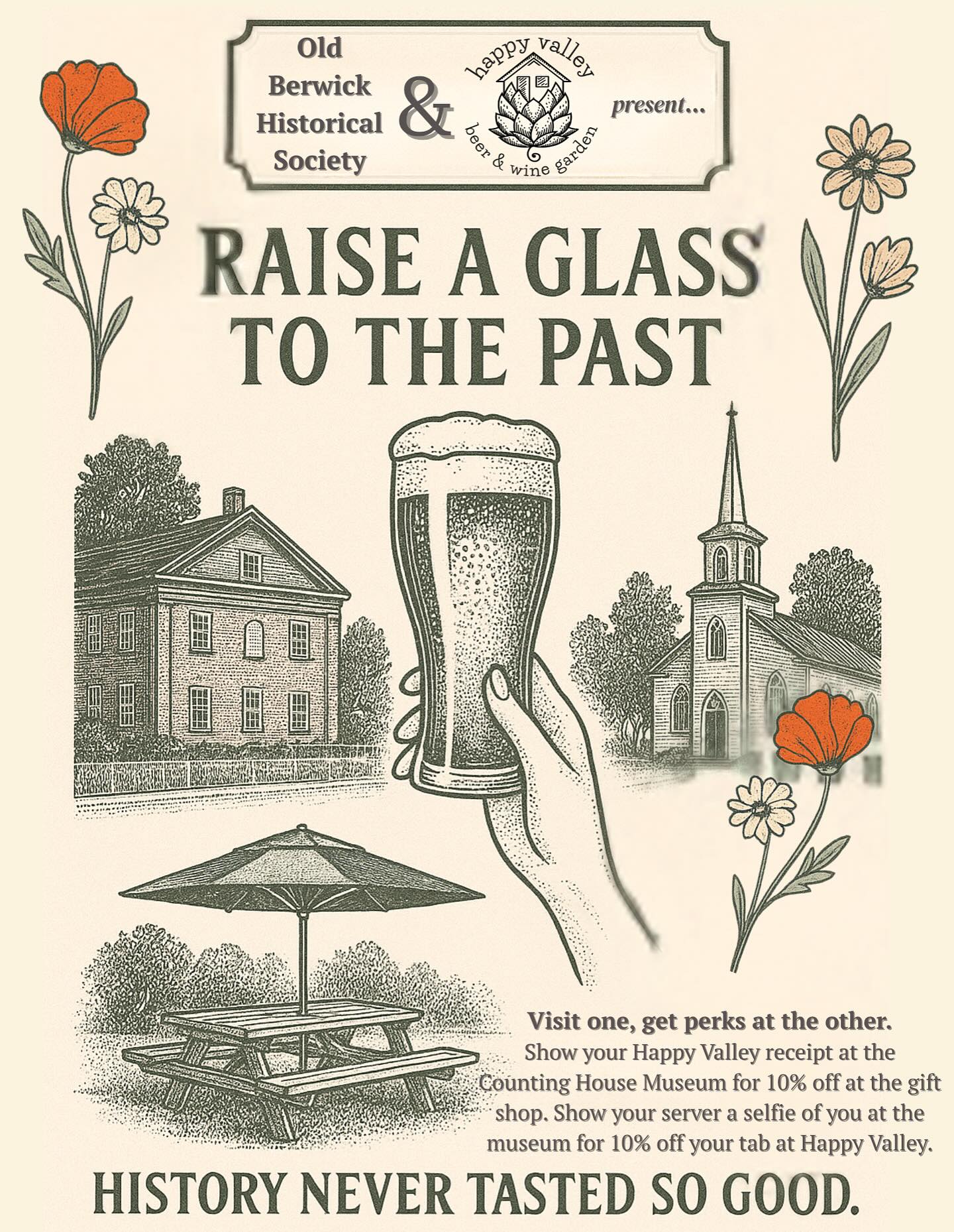 Happy Valley isnāt just the name of our beer gardenāitās a nod to the history of a brookside neighborhood in South Berwickāhome to mill workers, French-Canadian families, and generations of everyday Mainers who made this town hum. We pay homage to those who lived before us full of life, grit and community spirit.
Weāre teaming up with the Old Berwick Historical Society to honor that legacy with a special collab!
Visit one, get perks at the other.
Check out their newly launched exhibit to learn more about Happy Valleyās history, starting Saturday, June 7th.
Show your Happy Valley receipt at the Counting House Museum for 10% off at the gift shop. Show your server a selfie of you at the museum for 10% off your tab at Happy Valley.
#SouthBerwick #SouthBerwickME #HappyValley #OBHS #MaineHistory #BeerAndHistory #RaiseAGlassToThePast #SupportLocalHistory #countinghouse