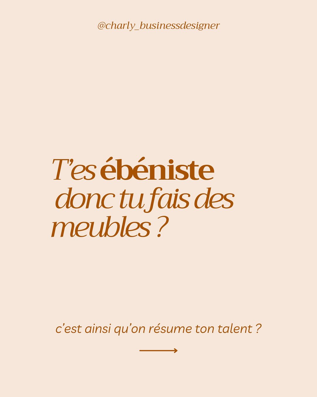 Tu penses que t’as juste créer une fonction ?
En vrai, tes meubles porteront bien plus
Une chaise 🪑 connaîtra des 🍑, des 🦶
Deviendra tant tôt une assise, un pont, la structure d’une cabane
Un buffet, une cachette idéale, un coffre à souvenirs ou un endroit parfait pour le stock d’hiver
Tu crées des souvenirs
Et tu le fais au travers ton regard, ta touche, ta mémoire.
Celle, qui, elle aussi veut y laisser une part de toi.
Assumes ton authenticité !
Créé à partir de qui tu es.
#marketing #marquepersonnelle #branding #brandingforcreatives #personalbranding #authentic