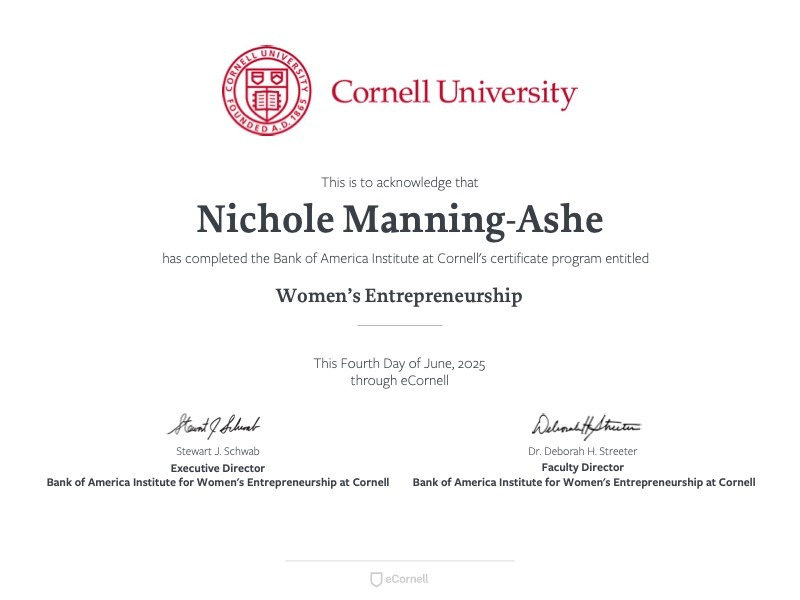 Just completed my Women’s Entrepreneurship Certificate from Cornell University through eCornell! 🎓
Even after 4 years in business, there’s still so much to learn—and this program gave me fresh insight on funding, growth, leadership, and showing up with confidence and clarity.
So grateful for the knowledge, the connections, and the reminder that you don’t know what you don’t know—until you do. 💡
Can’t wait to pour everything I’ve learned back into Brown Sugar Caramels 💛
#CornellCertified #WomenEntrepreneurs #BrownSugarCaramels #FounderLife #LifelongLearning #StaySweet #BlackWomenInBusiness #eCornell #SmallBizLove