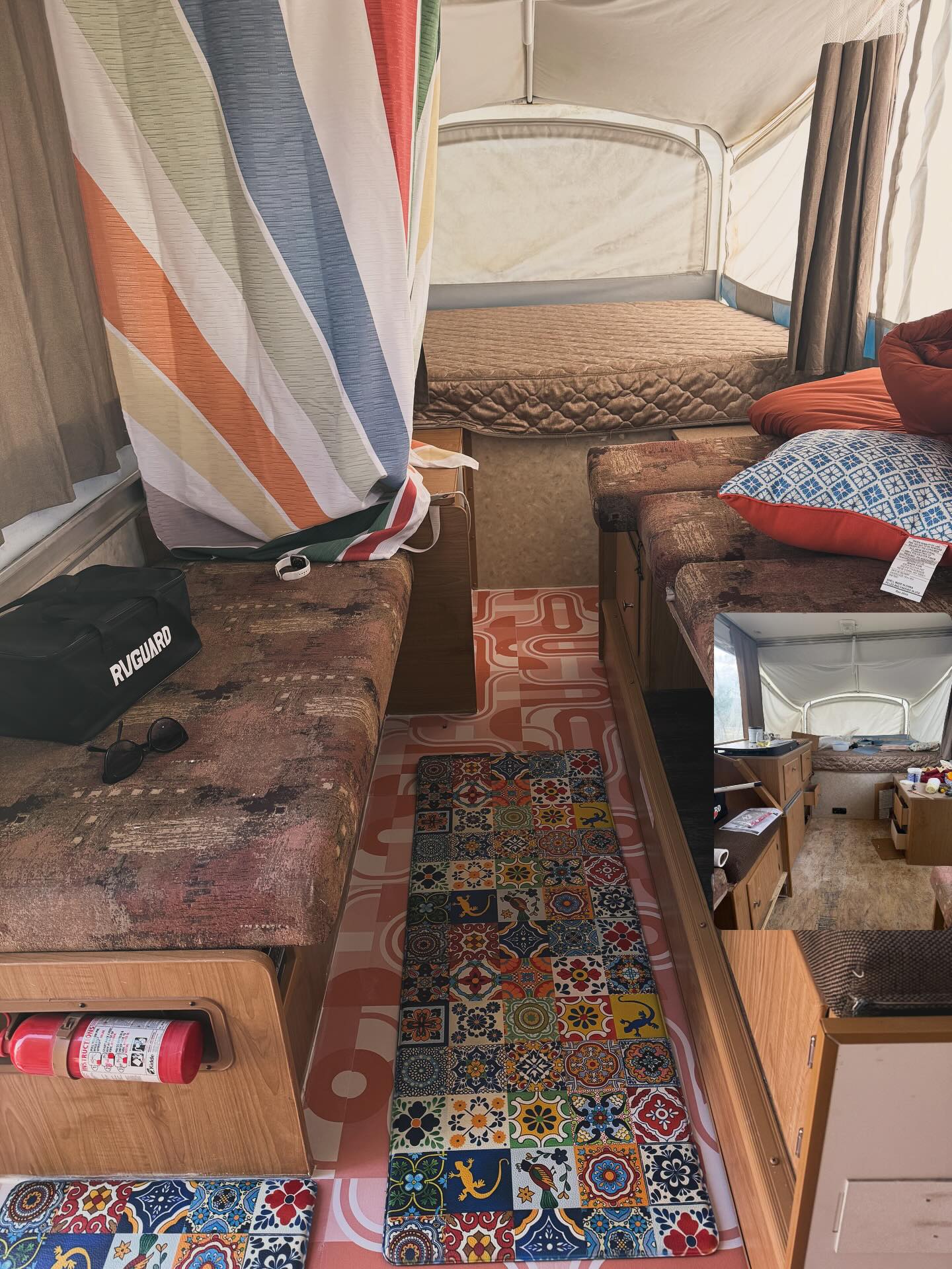Finished redoing the floors in the tent trailer! I am hoping to have a 70s cozy orange bohemian vibe by the end of summer 🧡🧡🧡☺️ I would like to say that it an extra box of tiles because I assumed that if it looks straight, it must be. Now I know. #tenttrailermakeover