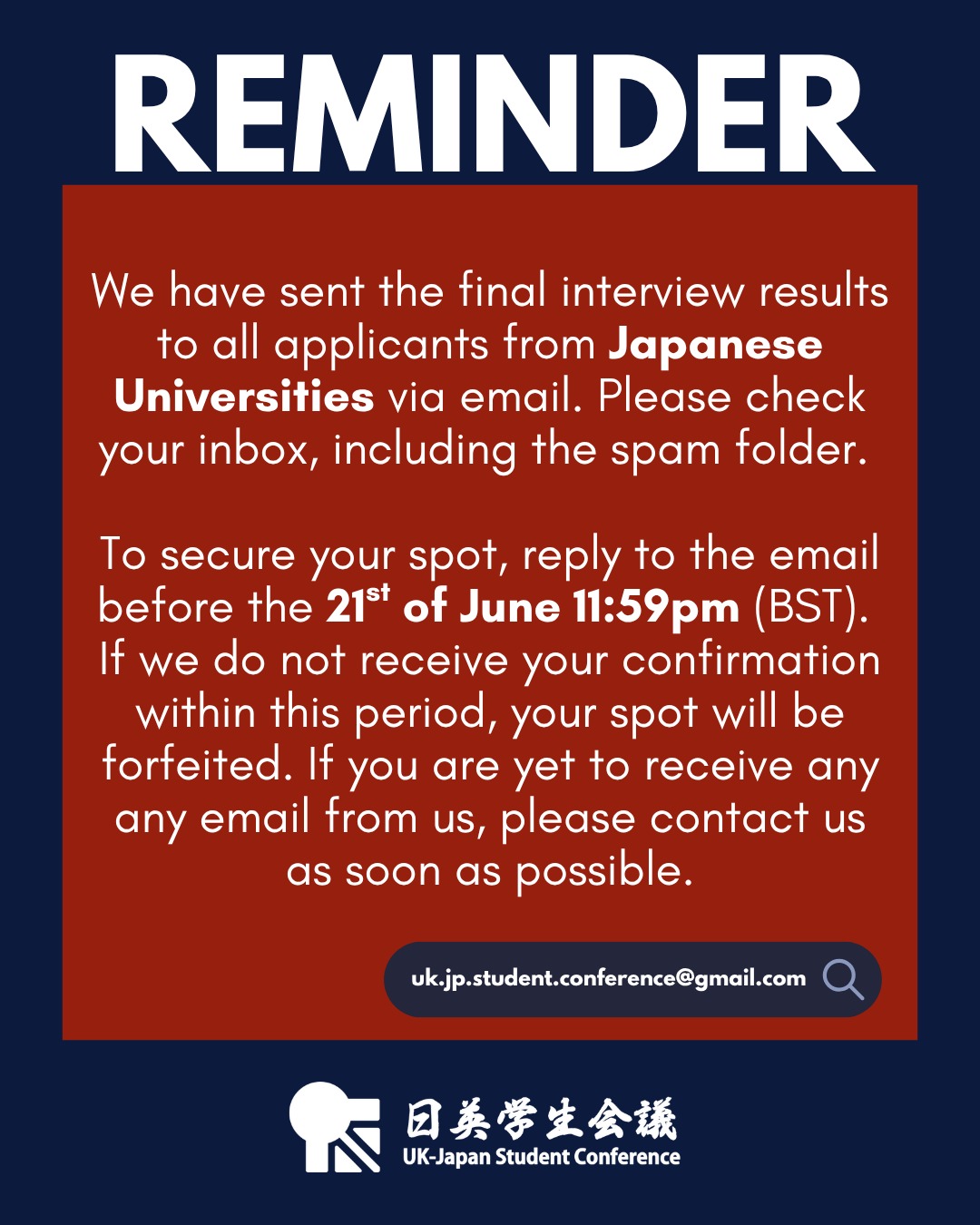 2nd stage interview results have now been published!
All applicants who completed the second stage of interviews, please check your emai and respond by the 21st of June, to confirm your interest. If there is no confirmation by the deadline, you invitation/wait-listed spot will automatically be forfeited.
If you are yet to receive an email from us regarding your interview results, please reach out to us ASAP.