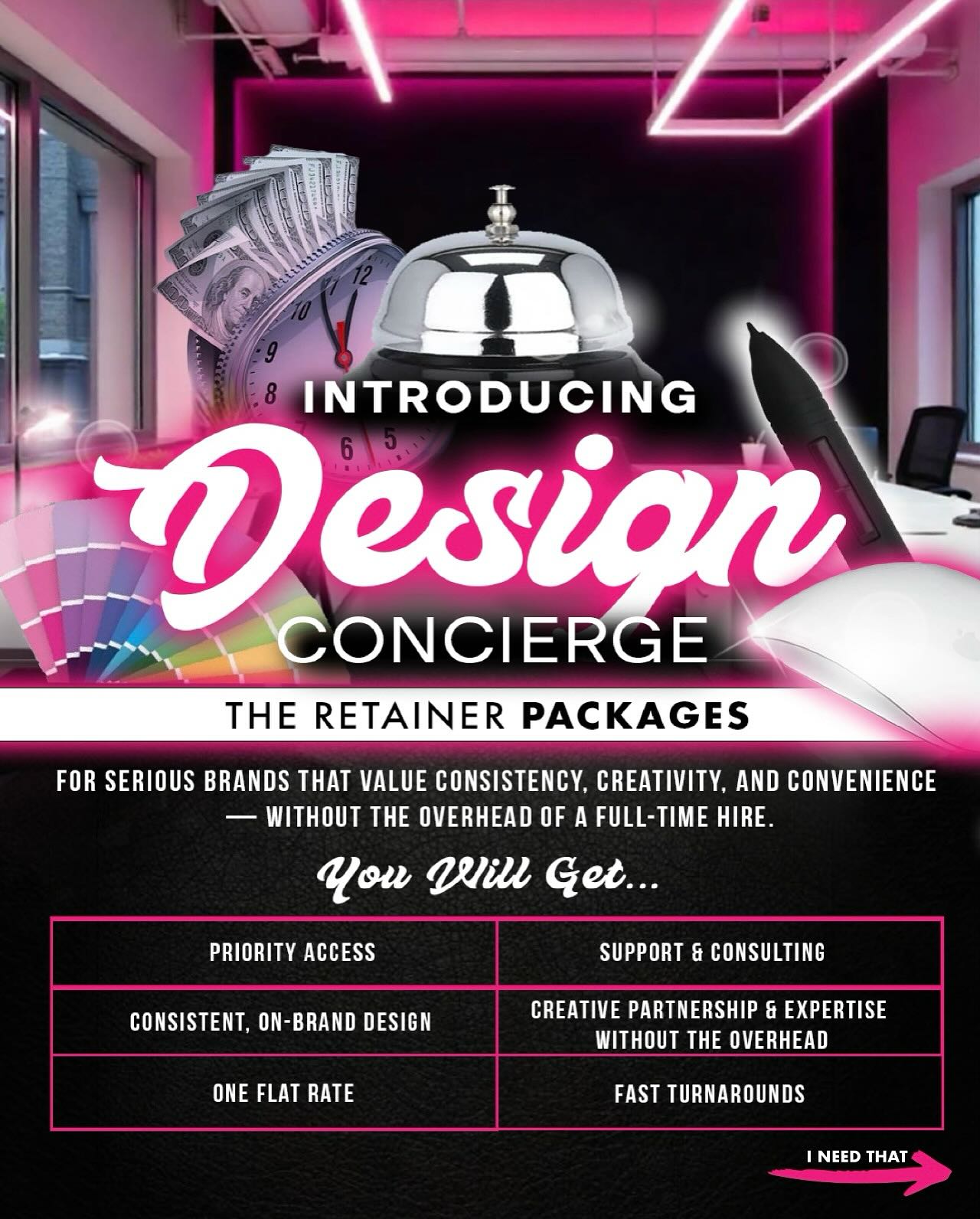 Introducing: Design Concierge 🛎️✨
After countless inquiries, we’re excited to officially unveil our Design Concierge packages — a premium design experience created specifically for ambitious entrepreneurs, startups, and brands who demand consistency, creativity, and high-quality design.
Whether you choose a 14-day or 30-day 🗓️package, each option has been thoughtfully curated to include our most-requested services — the ones our clients can’t live without. From social media content and branded visuals to elevated graphics and cohesive brand aesthetics, we’ll handle the creative heavy-lifting🖥️✨ so you can focus on scaling your business.📊💸✨
This is ideal for:
✨Business owners seeking professional, consistent branding
✨Startups that want to stand out in a crowded digital space
✨Busy entrepreneurs who don’t have time to design, but know how important it is.
Let’s take your brand from basic to professional✨— with streamlined service, luxurious visuals, and expert execution every step of the way.
📩 Ready to elevate your brand? Send us a DM or EMAIL to learn more and secure your spot.
‼️Important: Spaces are extremely limited each month and offered on a first come, first served basis. Don’t miss your chance to work with us!
We can’t wait to bring your abstract concepts to life!✨