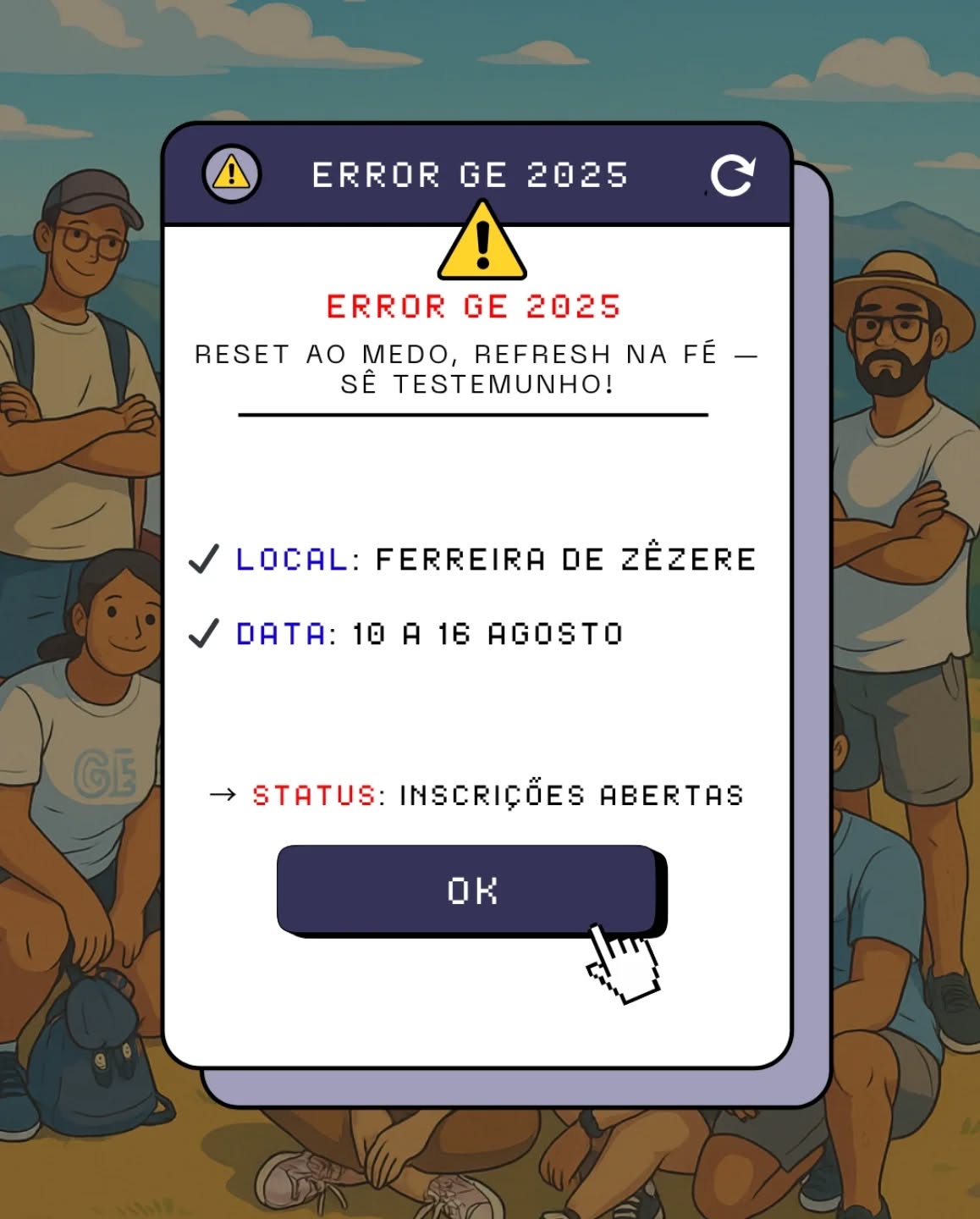 🔔 A contagem decrescente começou: estão oficialmente abertas as inscrições para o Grande Encontro 2025!
⛺ Este ano rumamos até Ferreira do Zêzere para uma semana que promete renovar a tua fé, afastar o medo e fazer de ti testemunho vivo.
🗓️ De 10 a 16 de agosto, prepara-te para viver dias intensos de oração, partilha, amizade, crescimento e muita diversão!
⚠️ Reset ao medo, Refresh à fé - Sê testemunho
Inscreve te no link na bio!!!
