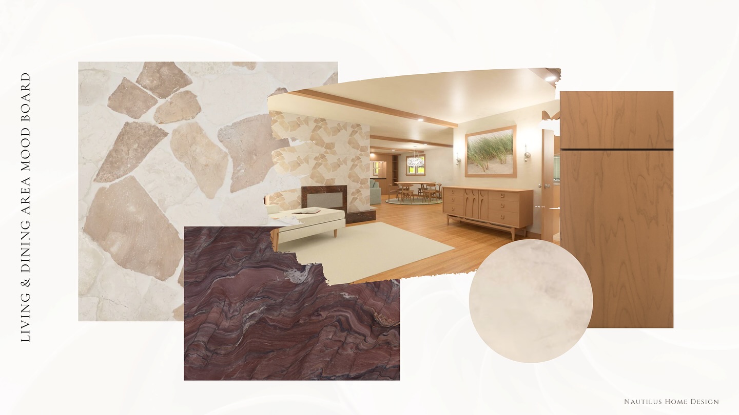 MID-CENTURY MODERN X ORGANIC
Marrying silhouettes which are true to the 1959 ranch style home, with soft earthy colors and natural textures. Bringing in a lime wash paint for the walls, fieldstone tile on the double sided fireplace, wood beams on the ceiling, a sleek minimalist kitchen with light-mid-tone wood, and an arch here and there.
#MCM
#midcenturymodern
#organic
#riinteriordesigner
#organicmcm