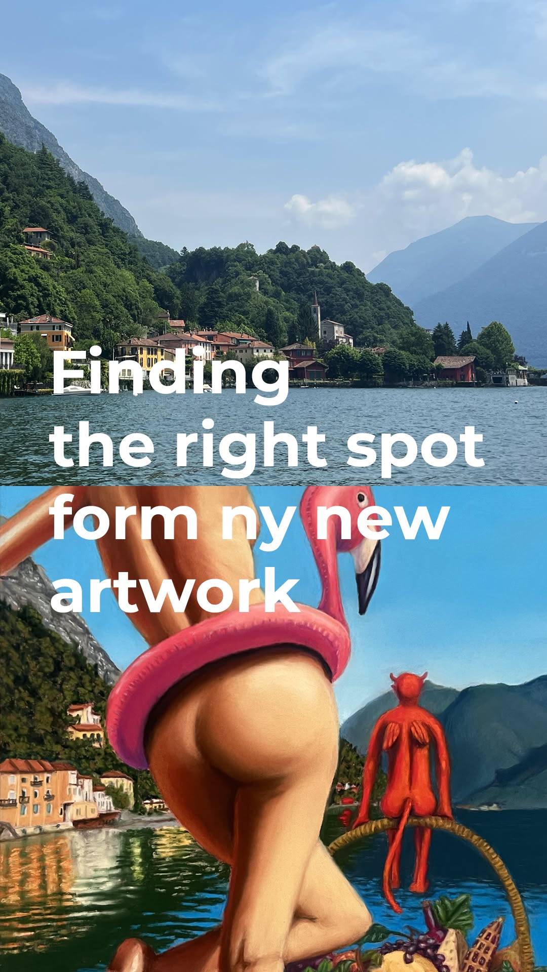 Valsolda truly holds countless magical spots, each one a perfect stage for a new painting. This particular place sparked the creation of "Flamingo," a piece that tells a story of summer's embrace, the liberty to truly be yourself, the seduction of excesses, and those ever-present demons that journey alongside us.
#Valsolda #InspiredByNature #Flamingo #contemporarypainting #pastelcolors #summervibes #artoftheday