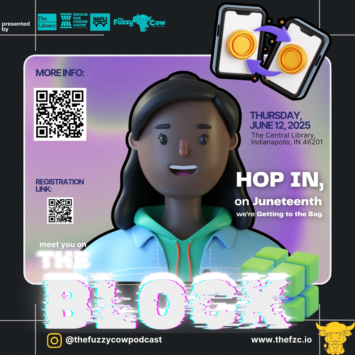 Tomorrow! If you’re in the city of Indianapolis we are excited to bring you a sneak peak of the me program made possible by our collaboration with @indylibrary, The Center for Black Literature and Culture, and the National Alliance for Financial Literacy and Inclusion; The Block. Come bring your teens and college students to learn how to get to the bag using defi and digital financial growth principles and tools. Visit our website to register today!