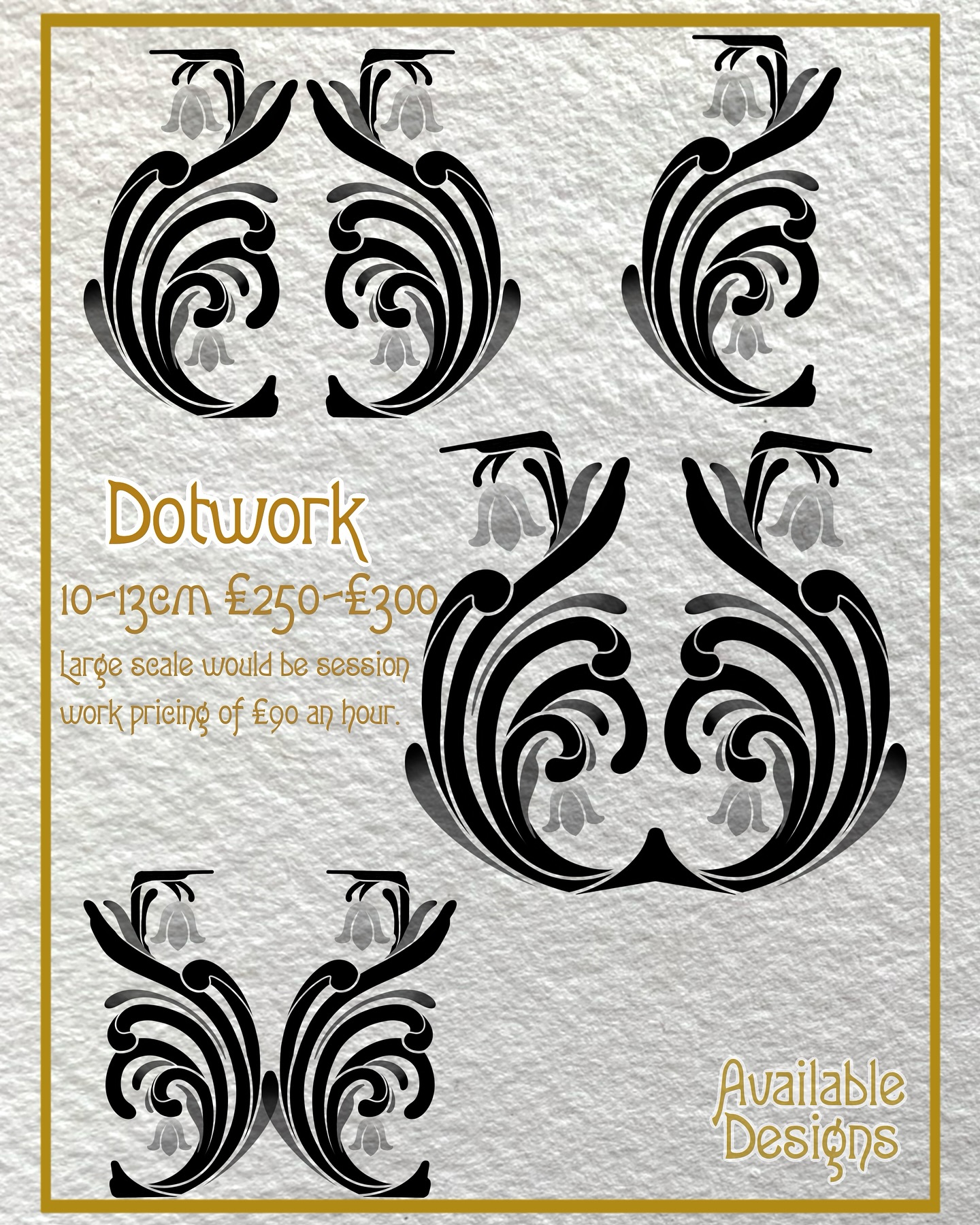 .
✤ Available Designs ✤
Around 10-13cm would be £250-£309 depending on size & location.
Always Dotwork, but can be by Machine or Handpoke.
Large scale (go big or go home) would be session work, which is priced at £90 an hour.
If you’d like to enquire or book in, great! Thank you,
please use one of the links in my bio:
* Email - gets priority - Link in Bio
* DM - Link in Bio
Co-owner and tattooing at:
@tengu.tattoo.studio
Thank you 💜
Take care
Hx
#dotwork #dotworktattoo #bristoltattooartist #artnouveautattoo #naturetattoo #tengutattoobristol