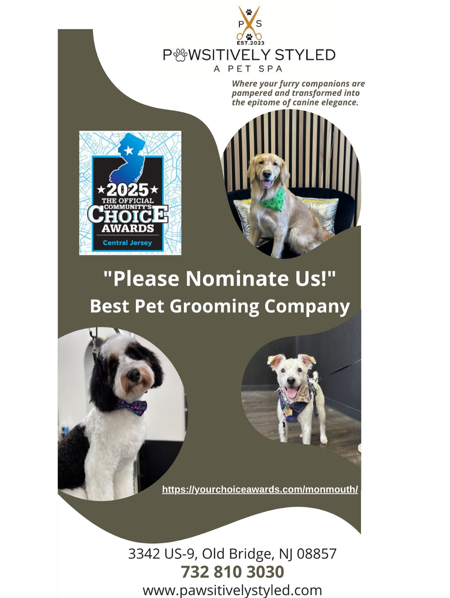 Can we do it? Yes we can! We are excited to share that we are running for Best Pet Grooming Company for the second year in a row 🏆 Nominate Pawsitively Styled! It only takes a minute, and your support means the world to us! 🐾🐾
https://yourchoiceawards.com/monmouth/