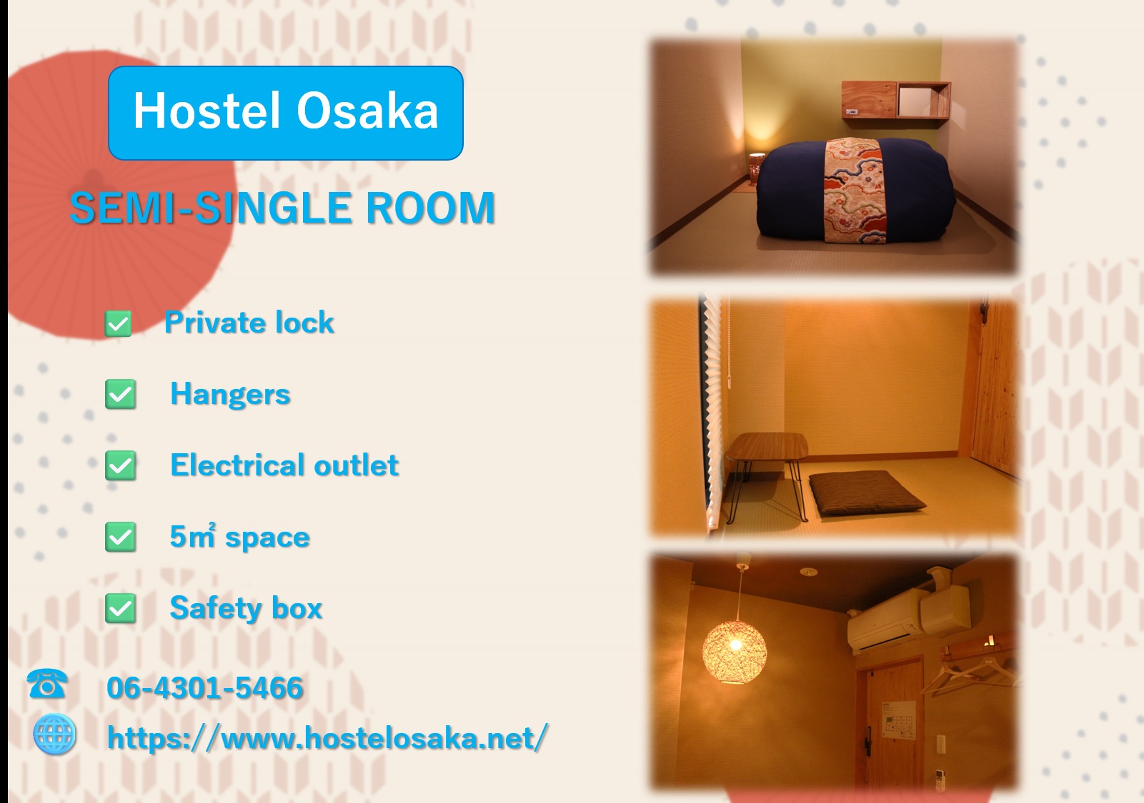 ✨ セミシングルルームのご紹介 ✨
心地よい和風布団ベッドで、くつろぎのひとときを。
小さなテーブルと貴重品を保管できるセーフティーボックスも備えています。
さらに、専用エアコン付きで快適さを自分好みに調整可能。
観光で疲れた後の静かなリトリートにぴったりです 🛏️❄️
⭐ 少しだけプライバシーと便利さを求める一人旅の方に最適なお部屋です。
✨ Introducing our Semi‑Single Room! ✨
Stay cozy in your own space with a comfy Japanese style futon bed, a handy small table, and a secure safety box for your valuables.
Plus, enjoy full control over your comfort with a private air conditioner, perfect for a peaceful retreat after a day of exploring. 🛏️❄️
⭐ Ideal for solo travelers who want a little extra privacy and convenience.
======================
Where elegance meets adventure, and every stay feels like home.
📩 contact
contact.hostel-osaka@meishin-group.co.jp
☎ 06-4301-5466
======================
#futon #japanesestyle #memories #民泊 #ホステル #ホステル暮らし #hostel #hostellife #travel #travelawesome #トラベル #大阪旅行 #japan #osaka #오사카온천 #osakajapan #大阪観光 #日本 #온천여행 #トラベルスタイル #トラベルグラマー #バックパッカー #backpacking #ınstatravel #explorepage #explore #ınstagood #amazing #南森町 #梅田