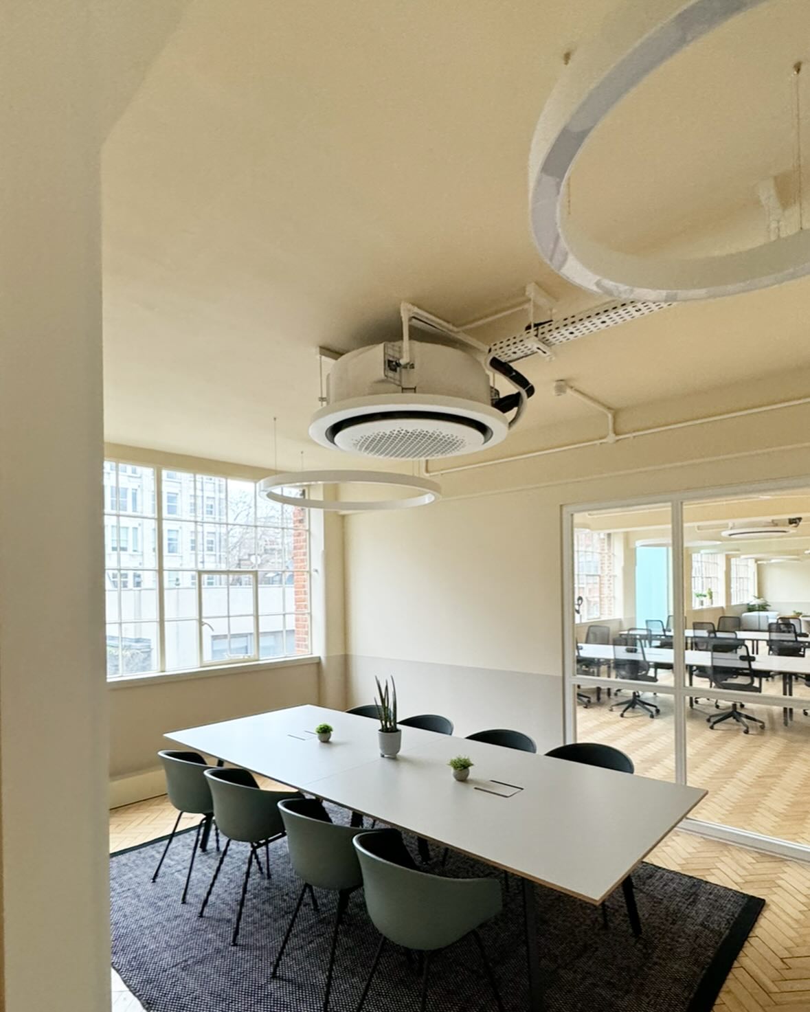 Works are complete at a recent project carried out in the City. 10no. round flow units swapped with ducted, 2no. MVHR units installed, 1no. 5kw split system & full centralised controller programming and commissioning carried out in just 4 weeks.