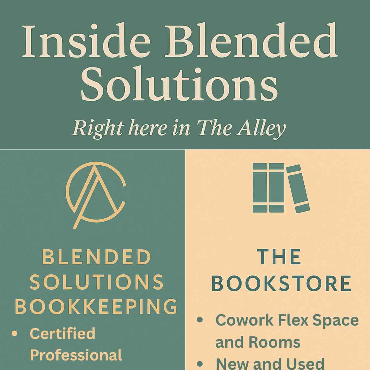 What else is Inside Blended Solutions? – Right here in The Alley!
Whether you’re balancing the books or browsing them, we’ve got a space (and a service) for that. 😉
On one side:
📊 Blended Solutions Bookkeeping — Certified, professional, and built to support entrepreneurs with everything for QBO and your business.
On the other:
📚 The Bookstore — Cozy co-work flex space, new and used books, local gems, and our favorite: Blind Date with a Book.
And yes — the coffee's always on. ☕
👉 #MeetUsAtTheAlley #bookkeepingsundre #bookstoresundre #coworksundre #bitcoinatmsundre #mountainview_beauty #homecollectivesundre #sundredentureandimplantcentre
📍 Behind ATB on Main Street
Tag your book-loving biz buddy or anyone who needs a new place to work, browse, or breathe.
