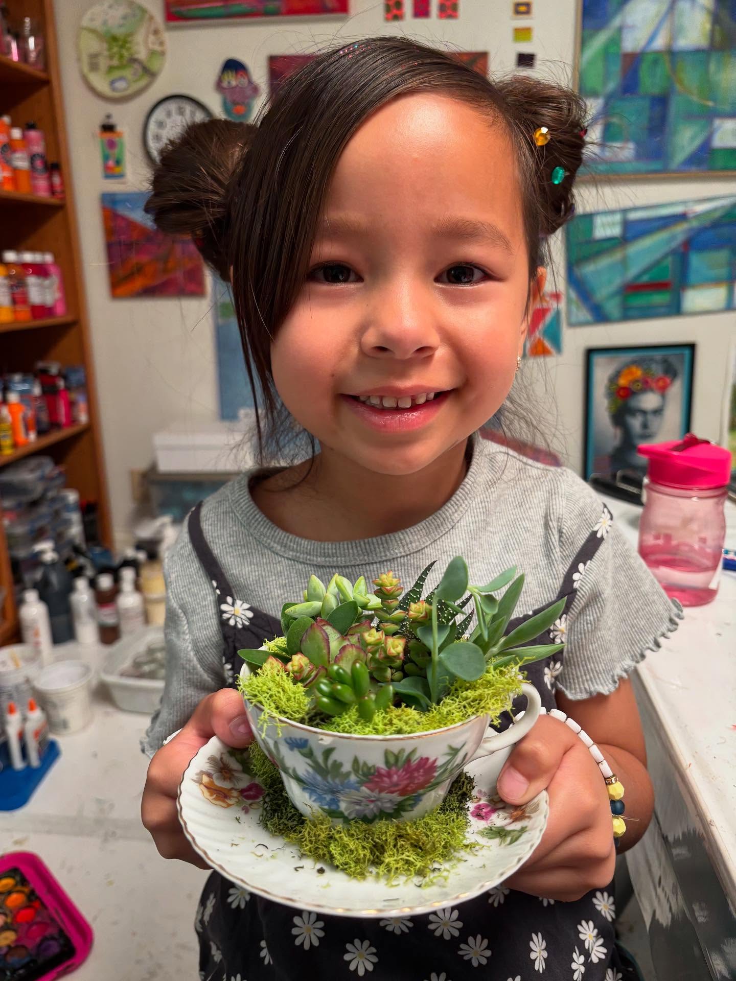 Such fun times in the studio. I have a great love for succulents and now so do the kids. They were amazed at all the different sizes, shapes and colors of them. They are especially sweet planted in their teacups!