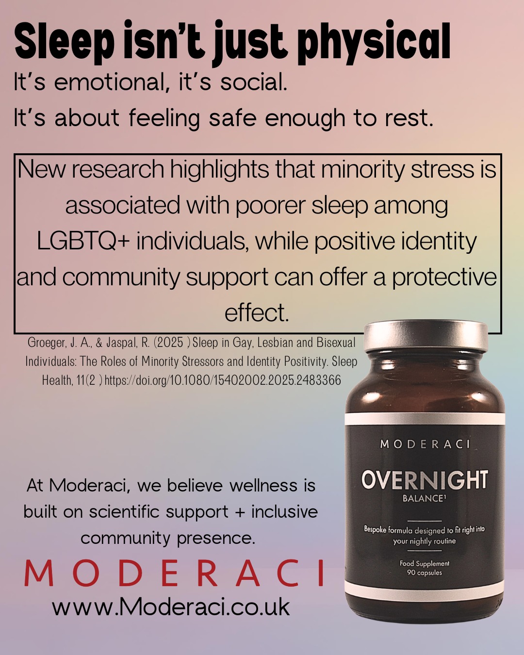 This Pride, we want to acknowledge the deep impact that identity, stress, and acceptance can have on wellbeing.
New research shows that LGBTQ+ individuals facing minority stress are more likely to experience disrupted sleep—while self-acceptance and community support can help protect it.
At Moderaci, we’re proud to support wellness that goes deeper—through science, empathy, and real connection.
🏳️🌈💤
#Pride2025 #RestIsResistance #QueerWellness #LGBTQHealth #SleepWellness #MentalHealthAwareness #CommunityMatters #InclusiveWellness #WellnessForAll #SleepSupport #UKWellnessBrand #ScienceBacked #LGBTQScience #FunctionalHealth #Moderaci #studentbusiness #studentbusinesses