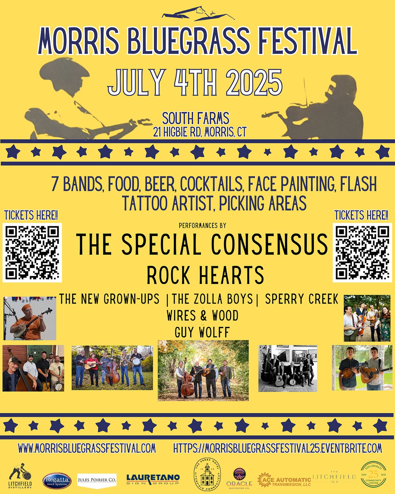 New England’s Best-Kept Secret Is Back — The Morris Bluegrass Festival Returns!MORRIS, CT — After a 30-year hiatus and a triumphant return in 2024, the Morris Bluegrass Festival is back for its second consecutive year- it’s bigger and livelier than ever.Set against the scenic rolling fields of South Farms (21 Higbie Rd, Morris, CT), this year’s festival takes place on Thursday, July 4, 2025. It promises a full day of high-energy bluegrass, community vibes, and patriotic celebration perfect for the whole family.This year’s artist lineup features a dynamic mix of nationally acclaimed and beloved local acts, including:The Special Consensus — Two-time Grammy-nominated bluegrass legendsRock Hearts — International Bluegrass Music Association (IBMA) Showcase bandThe New-Grown Ups — A rising new voice from Boston’s vibrant bluegrass sceneSperry Creek, Guy Wolff and The Zolla Boys — Local favorites bringing heart and harmonyWires & Wood — The festival’s own host bandFrom blazing banjo runs to sweet Appalachian harmonies, the Morris Bluegrass Festival is a celebration of tradition, talent, and togetherness.Bring your lawn chairs, blankets, and dancing shoes—and come early! Space is limited and this one-day-only event is expected to sell out.🎟️ Tickets are on sale now at Eventbrite:https://morrisbluegrassfestival25.eventbrite.comDon’t miss this unforgettable Fourth of July celebration in the heart of Litchfield County.—#MorrisBluegrassFestival #NewEnglandBluegrass #CTBluegrass #LitchfieldCountyLive #BluegrassReturns #fourthofjulyfestival