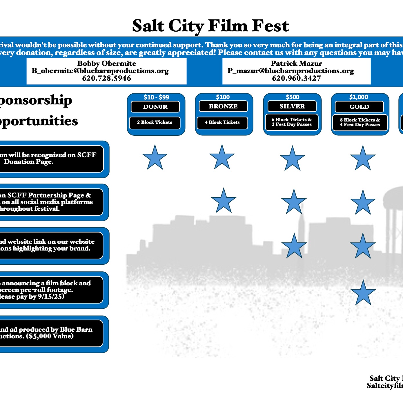 We’re so grateful for all the amazing support we’ve received for the Salt City Film Festival! Every bit makes a difference—and we mean it. Just $10 can get you 2 block tickets, so whether you’re donating, sponsoring, or simply spreading the word, you’re helping bring powerful stories and creativity to life right here in Hutchinson. Thank you for being part of something special!