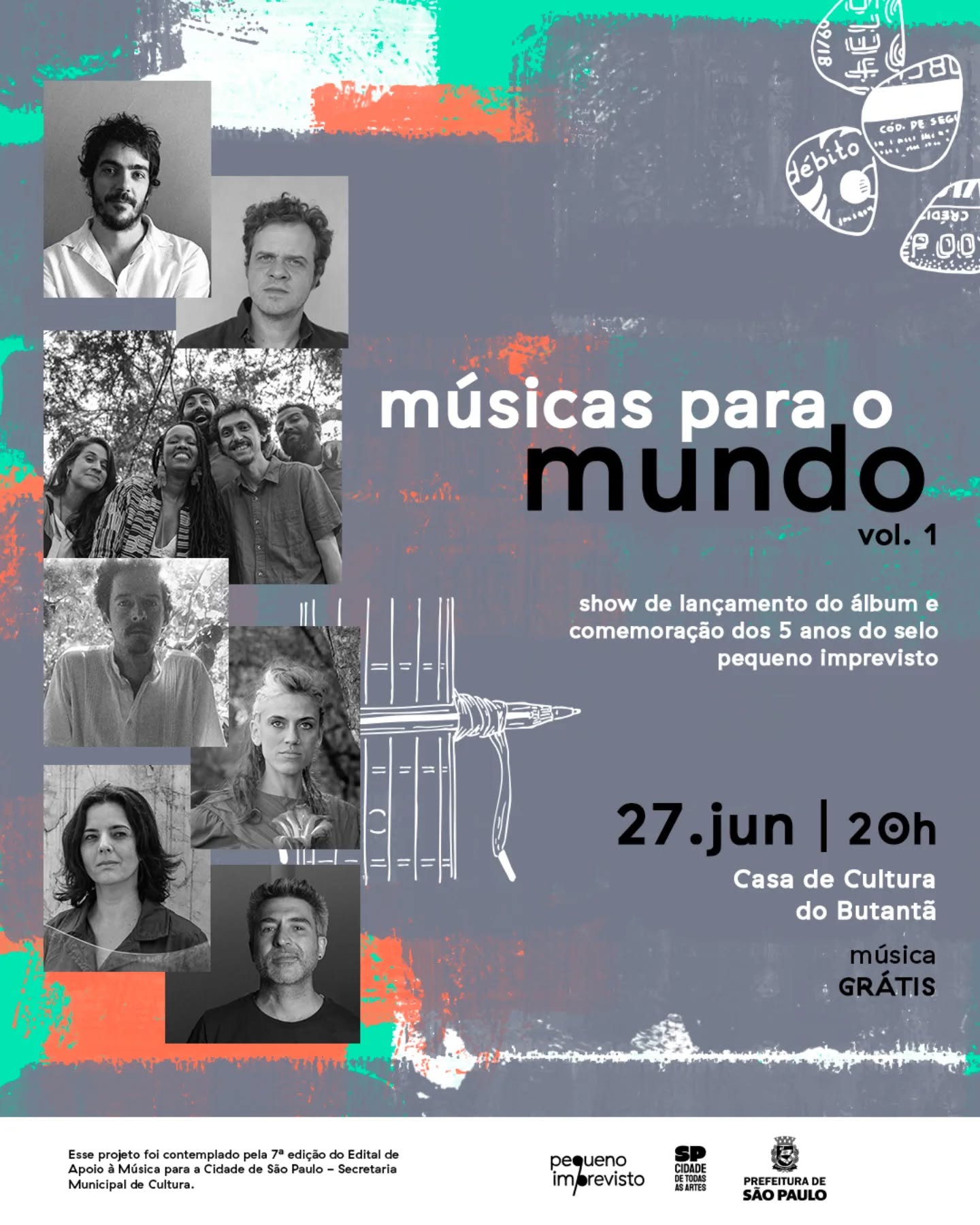 Show de Lançamento - Coletânea “Músicas para o Mundo - vol. 1”
Nesta sexta-feira a gente se junta no palco da Casa de Cultura do Butantã @ccm.butanta com os artistas Allen Alencar, Čao Laru, Flavio Tris, Gustavo Galo, Maria Luana, Raphaz e Vanessa Longoni.
Agora chegou a hora de cantar essas respostas ao vivo.
Noite de encontro raros, com canções novas e muitas surpresas!
📅 27 de junho (sexta-feira) às 20h
📍 Casa de Cultura do Butantã
🎟️ Entrada gratuita
Chegue cedo, chame quem vai curtir junto!
***
Esse projeto foi contemplado pela 7ª edição do Edital de Apoio à Música para a Cidade de São Paulo - Secretaria Municipal de Cultura.
#MúsicasParaOMundo #PequenoImprevisto #ColetâneaIndependente #LançamentoMusical #NovidadeMusical #SecretariaMunicipaldeCulturaSP #EditalDeApoioAMúsica