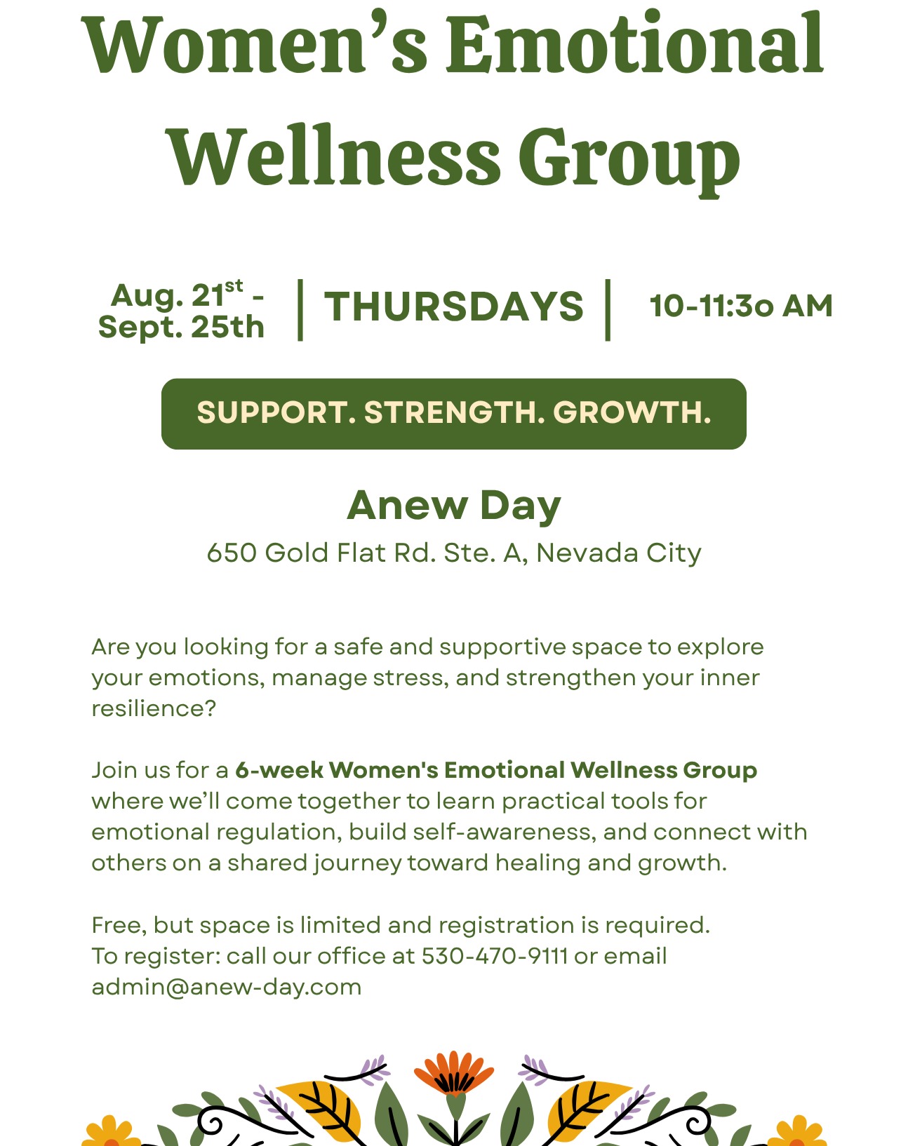 We have a new group starting up in August!
Visit anew-day.com/event-details/womens-emotional-wellness-group-aug-sep-2025
or call the office to register.