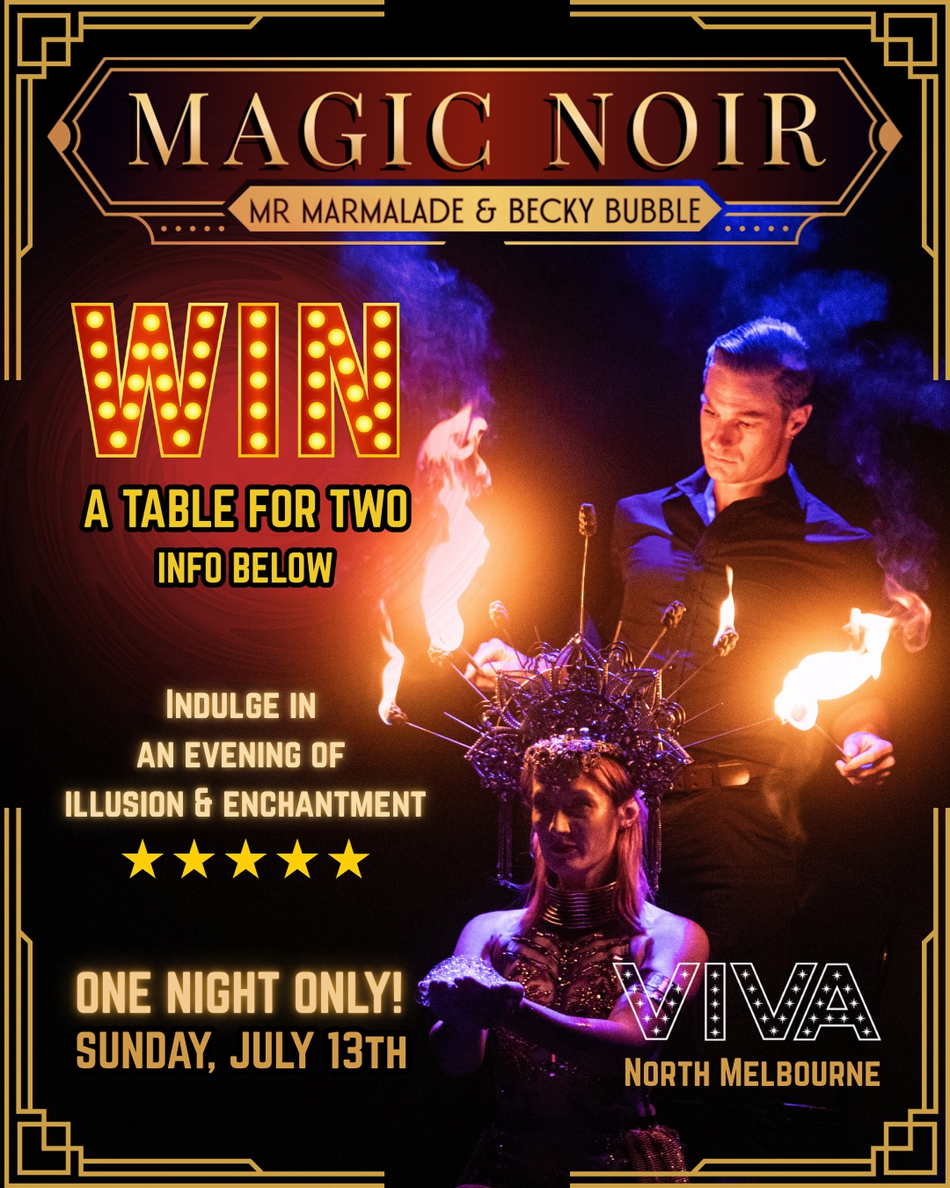 🎩✨ WIN A NIGHT OF MYSTERY & MAGIC! ✨🔥
Update: CONGRATULATIONS @littlesunshinelady 🥳 2x tickets 🎟️ coming your way 💖
We’re giving away a table for two to our one-night-only show MAGIC NOIR—a seductive evening of bubbles, fire, illusion and cabaret delight 💋 Bring your lover, your bestie, or your most curious companion.
To enter the draw:
🖤 Like this post
🖤Tag a friend you’d bring along
🖤 Share this post to your story
🖤 Follow both @becky.bubble & @mrmarmalademagic
Each tag = one entry, so go wild.
The more entries, the more magic in your favour 💫
🕛 Entries close 12pm Saturday July 5th
👀 Winner announced Sunday July 6th
🎭 Magic Noir
🕖 7:30pm
🗓️ Sunday July 13th
📍 @viva_melbourne
🎟️ Tickets in bio
#cabaretshow #burlesque #magic #whatsoninmelbourne #bubbles #melbournemagicfestival #mcf #melbournecomedyfestival #comedy #datenight #theatre
