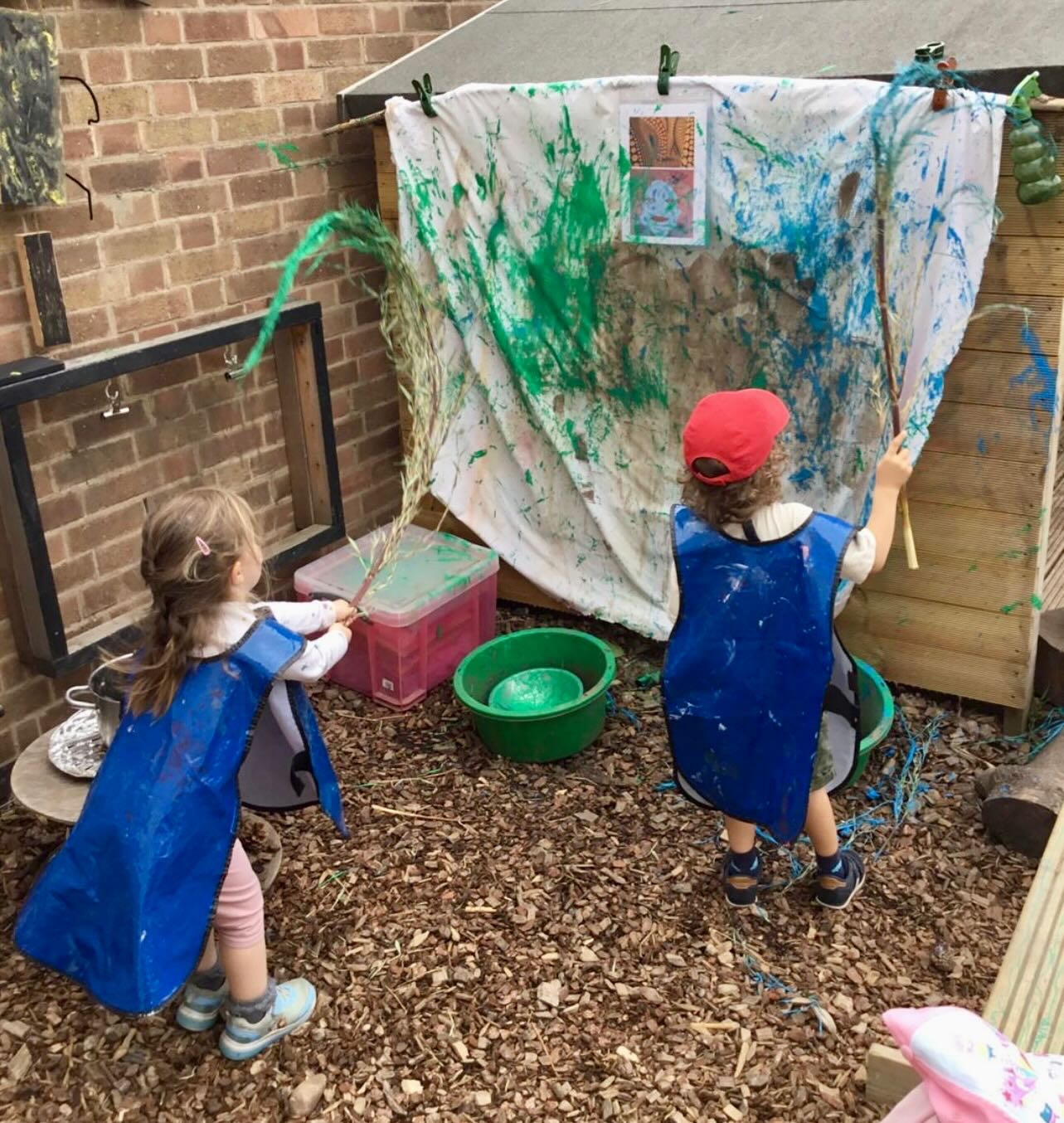We have recently been exploring different artists and it has sparked our little learners curiosity in trying different techniques in applying paint. Bamboo branches that Steven brought in were a favourite! Experimenting with different materials and techniques encourages children to think critically about how to achieve specific effects, solve problems related to the materials, and make decisions about their artwork. 
When children are given the freedom to explore and create without judgment, they develop confidence in their abilities and build a sense of accomplishment, especially when they can see their ideas come to life #westbridgford #independent #nursery #est1988 #thewhitehousedaynursery #underfundedchildcare #earlyyearseducation  #openendedplay #earlyyears #play #curiosity #letthemplay #outdoors  #ndna #learningthroughplay #milliesmark #birthtofivematters #earlyyearsoutdoors #milliesmark  #2025 #june  #keepingchildrensafe 
#aweandwonder #summer #art