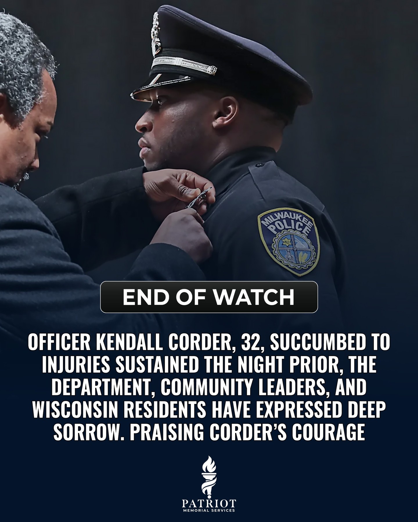 Officer Kendall Corder, 32, died today from injuries sustained the night before during a shooting incident. His partner survived and is in stable condition
The Milwaukee Police Department and local leaders are mourning his death and honoring his dedication and bravery.
#BackTheBlue #MilwaukeePD