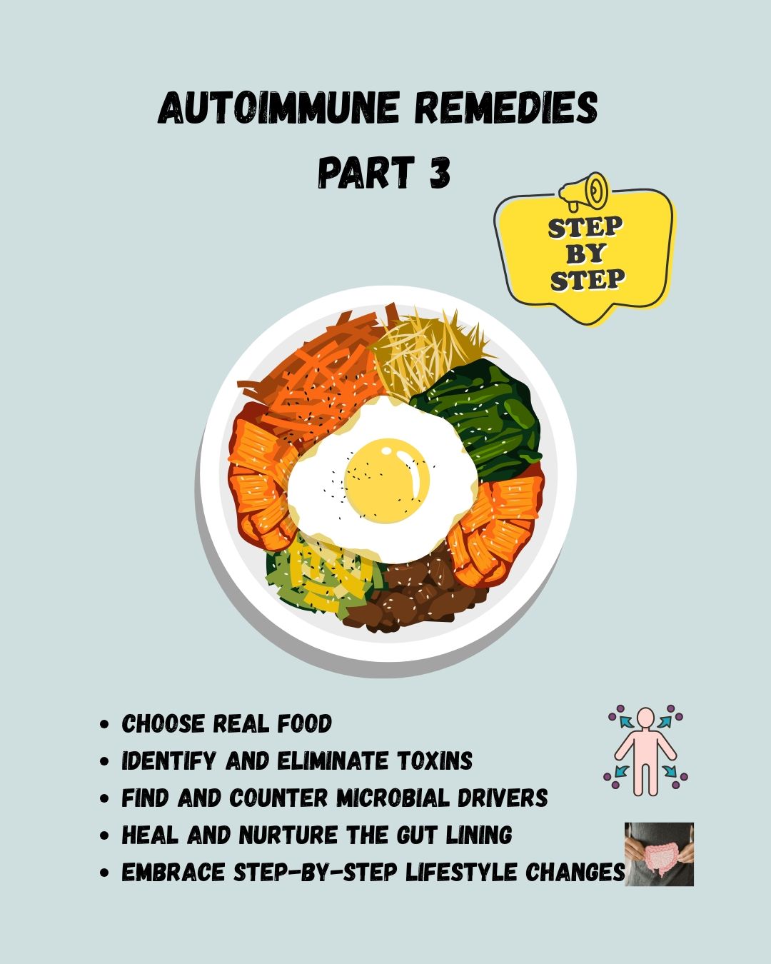 We need to embrace nourishing ingredients over those that perplex the immune system (e.g., processed, GMO, and chemical-laden and processed food items). It ramps the immune system up.
It is important to identify and eliminate toxins and ensure adequate methylation and address any RedOx imbalances. (think B vitamins and antioxidant support, esp., cruciferous veggies)
We address microbial drivers and pay attention to thyroid and adrenal health if they persistently arise.
A big focus in functional nutrition counseling is healing and nurturing the gut lining. We need to avoid substances that may cause harm (e.g., food additives, artificial sweeteners, NSAIDs, medications).
And lastly the importance of embracing step-by-step lifestyle changes. I start with where you are at and we work on prioritizing a few doable things at a time. Overwhelm can act as a toxin; remember, it’s a marathon, not a sprint. We need to move away from the quick fix conditioning and mentality people are used to. Healing is not linear and rarely quick.