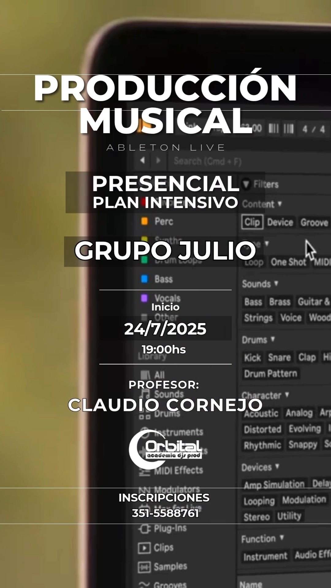 CURSO INTENSIVO PRODUCCIÓN MUSICAL - GRUPO JULIO 2025
¿Vivís en Córdoba o cerca y querés meterte de lleno en la producción musical? ¡Este es tu momento!
Este plan de estudios es grupal y presencial, garantizando interacción directa con el profesor Claudio Cornejo en un espacio cómodo. Son 30 horas de formación, divididas en 10 clases llenas de contenido. Es perfecto para principiantes y ofrece un costo muy accesible.
Inicio: JUEVES 24 de Julio de 2025 (19:00 a 22:00 hs)
Duración: 10 clases de 3 horas (aproximadamente 3 meses)
Formato: Presencial en aula (hasta 9 alumnos)
Sede: Centro (Av. Emilio Olmos 118 Local 35/36)
¡No te quedes afuera! Reserva tu lugar
