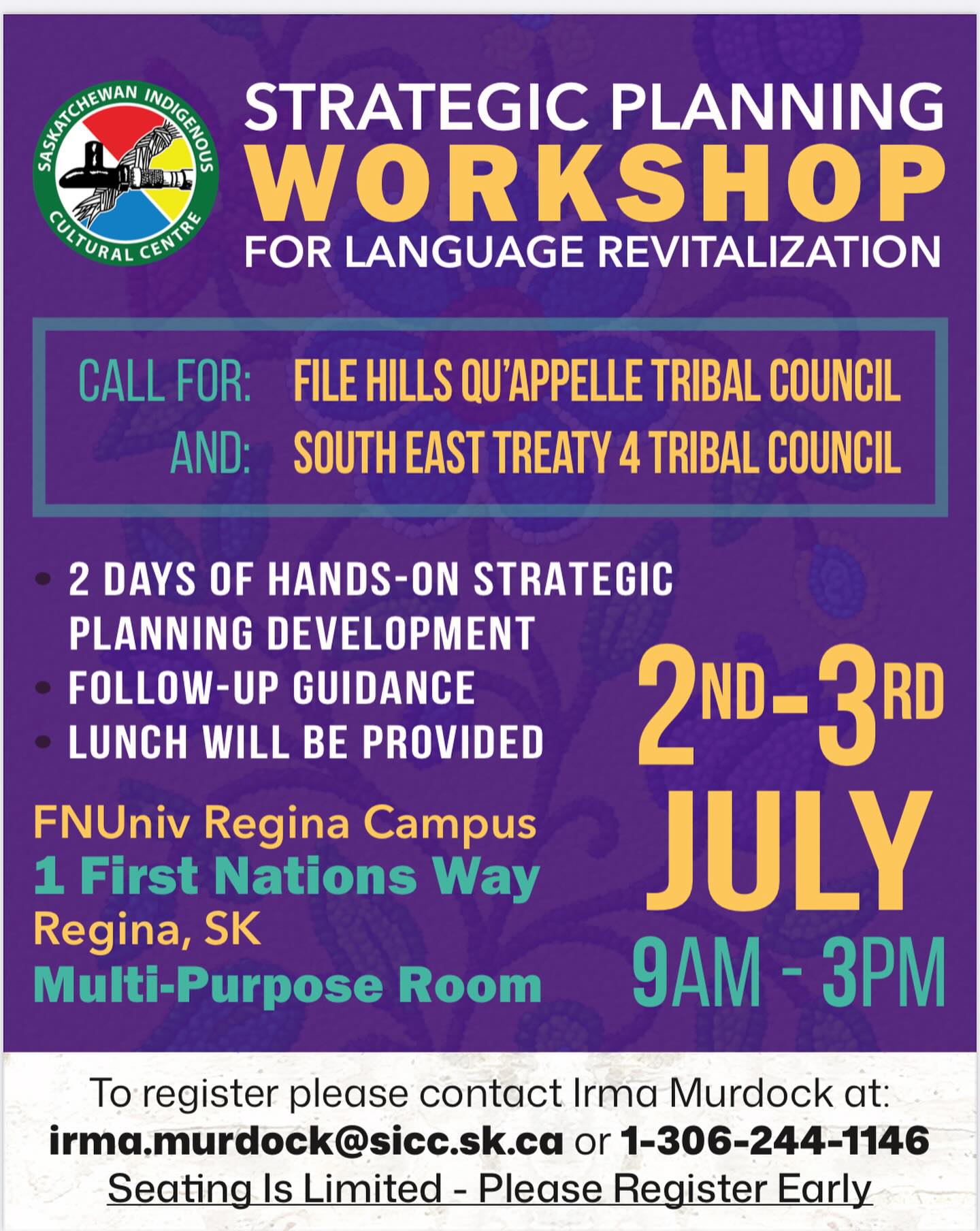 Language revitalization strategic planning happening in the south. Check the poster for full details including contact name, email and number. Seating is limited, so register early.