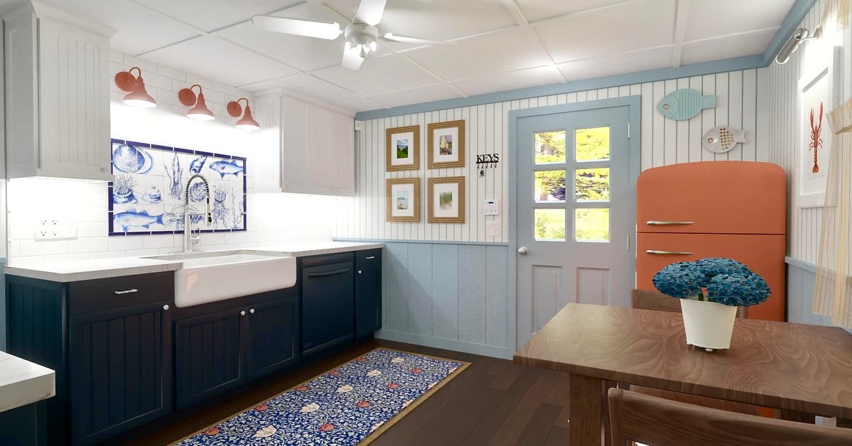 Wouldn’t it be nice to remodel this cozy summer cottage kitchen?!
Using the existing footprint, flooring, ceiling, fan, appliances and faucet, the goal is to create a bright, cheerful, coastal space for this little retreat. Nautical colors paired with bright white, some simple millwork, the addition of some lighting, a farm sink, and a hand painted tile feature bring it all home. (Last photos for current setup).
#coastalkitchen
#riinteriordesigner
#redwhiteandblue
#coastalliving