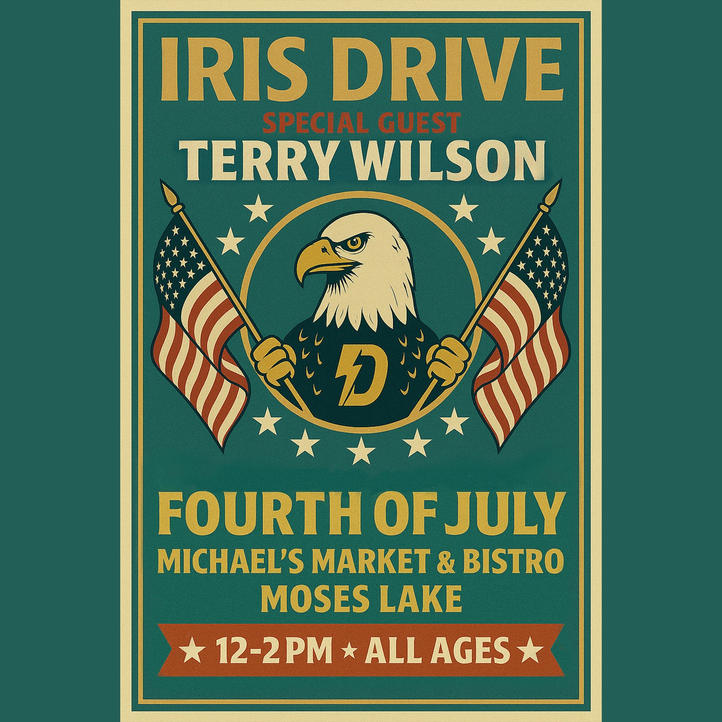 Join us for some Independence Day fun!
We’re bringing the music to Michael’s Market & Bistro in Moses Lake this 4th of July from 12–2 PM!
Live music, great food, sunshine, and holiday vibes, what more could you want?
Featuring special guest Terry Wilson
Grab your crew, grab a bite, and come celebrate with us!
#IrisDrive #FourthOfJulyShow #MichaelsMarketAndBistro #LiveMusic #MosesLake #TerryWilson #IndependenceDayVibes