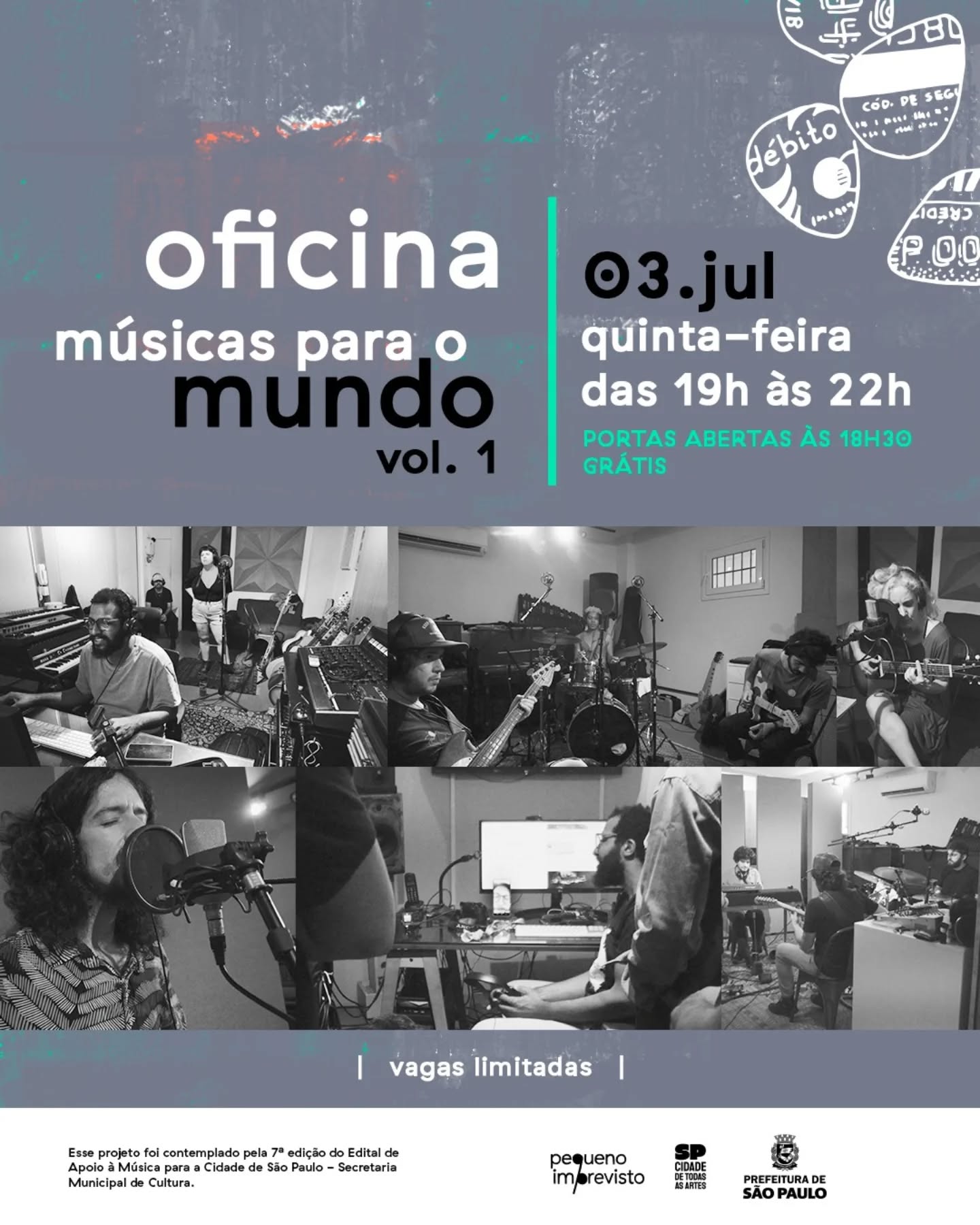 OFICINA DE ÁUDIO E PRODUÇÃO MUSICAL
“Músicas para o mundo – vol.1” com Otávio Carvalho, produtor e diretor artístico do selo Pequeno Imprevisto
Quer saber como cada track foi gravada? Como os sons viraram música? Como foi feita a produção do disco?
Na próxima quinta, 03/07, Otávio abre as sessões do álbum, mostra os bastidores de cada música e conversa sobre ideias, gravação, produção e mixagem.
Traga suas dúvidas e curiosidades.
📌 Grátis – como contrapartida do edital de fomento à música da Prefeitura de SP
Das 19h às 22h (portas abertas às 18h30)
Participação mediante confirmação.
Restam poucas vagas! Inscreva-se no link da bio.
***
Esse projeto foi contemplado pela 7ª edição do Edital de Apoio à Música para a Cidade de São Paulo - Secretaria Municipal de Cultura
#pequenoimprevisto #musicasparaomundo #oficinamusical #audioprodução #produçãoartística #aulagratis