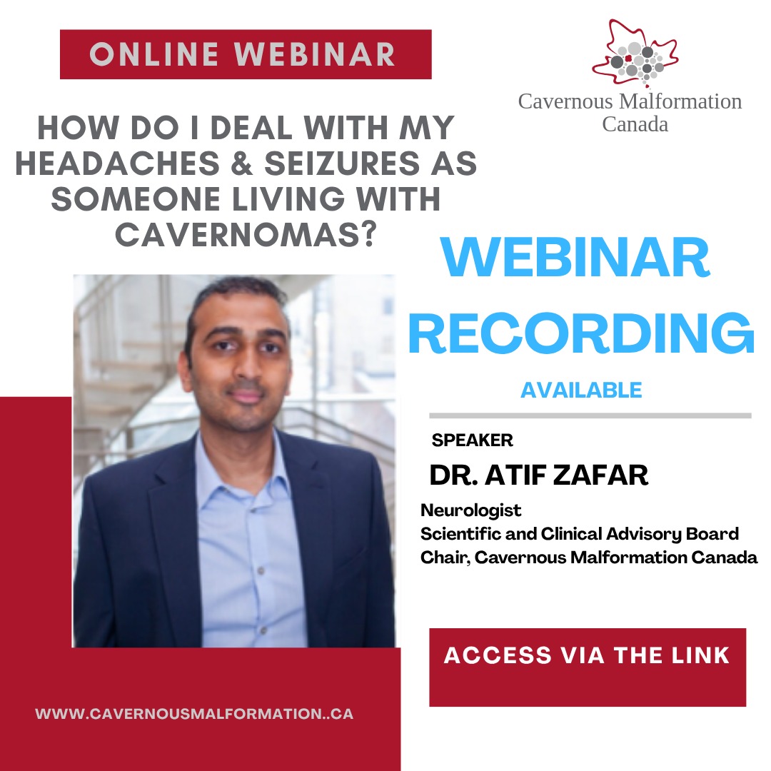 If you missed the incredibly informative webinar held by Dr. Atif Zafar, vascular neurologist and Chair of the Cavernous Malformation Canada Scientific and Clinical Advisory Board, it is now available for viewing! He answers some great questions from our patient and family community. Access the link in our bio!
#cavernousmalformation #headache #migraine #seizures #cavernoma