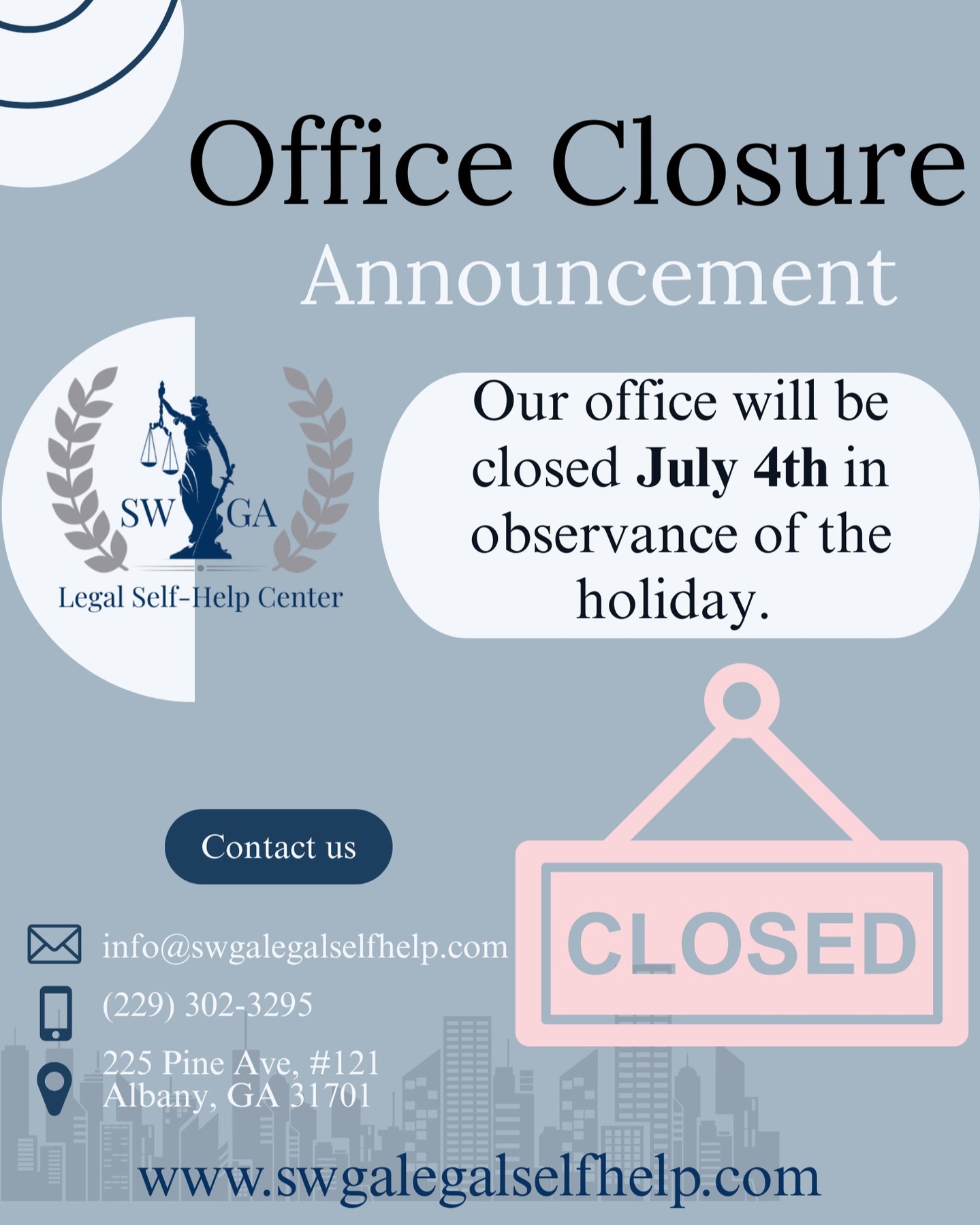 We will be closed for the holiday on July 4th. Come by and see us July 3rd or July 7th when we reopen for services.
Follow and share!
#selfhelpcenter #legalservices #albanyga #doughertycounty
#doco