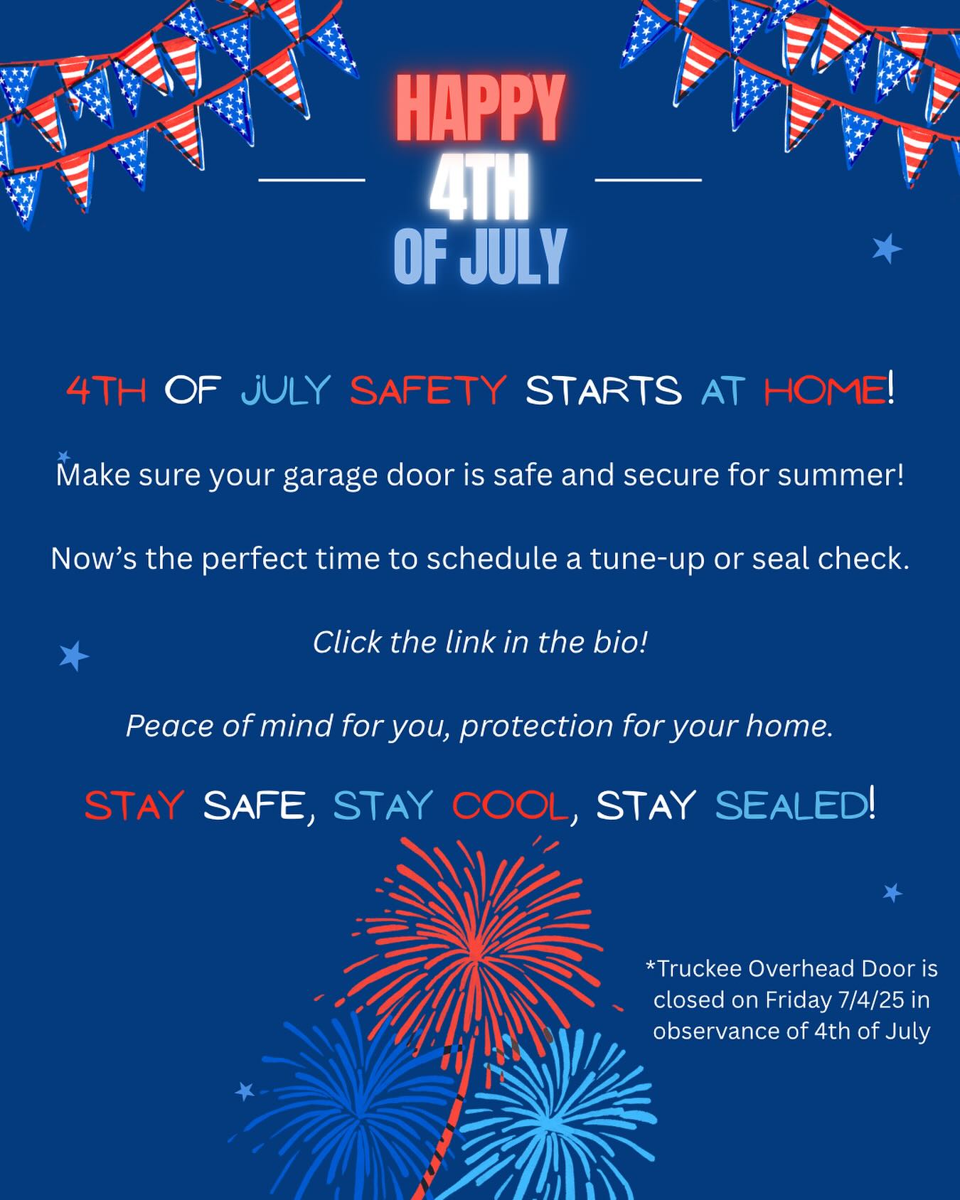 Happy 4th of July Weekend! Click the link in our bio to have our team come perform #maintenance on your #garagedoor to keep it running smoothly for the #summer!
#truckeeoverheaddoor
#garagedoormaintenance
#overheaddoorreno
#truckeeoverheaddoorofsouthlaketahoe
#fourthofjuly
#garagedoorsafety
#garage
#makeaservicerequest
#truckee