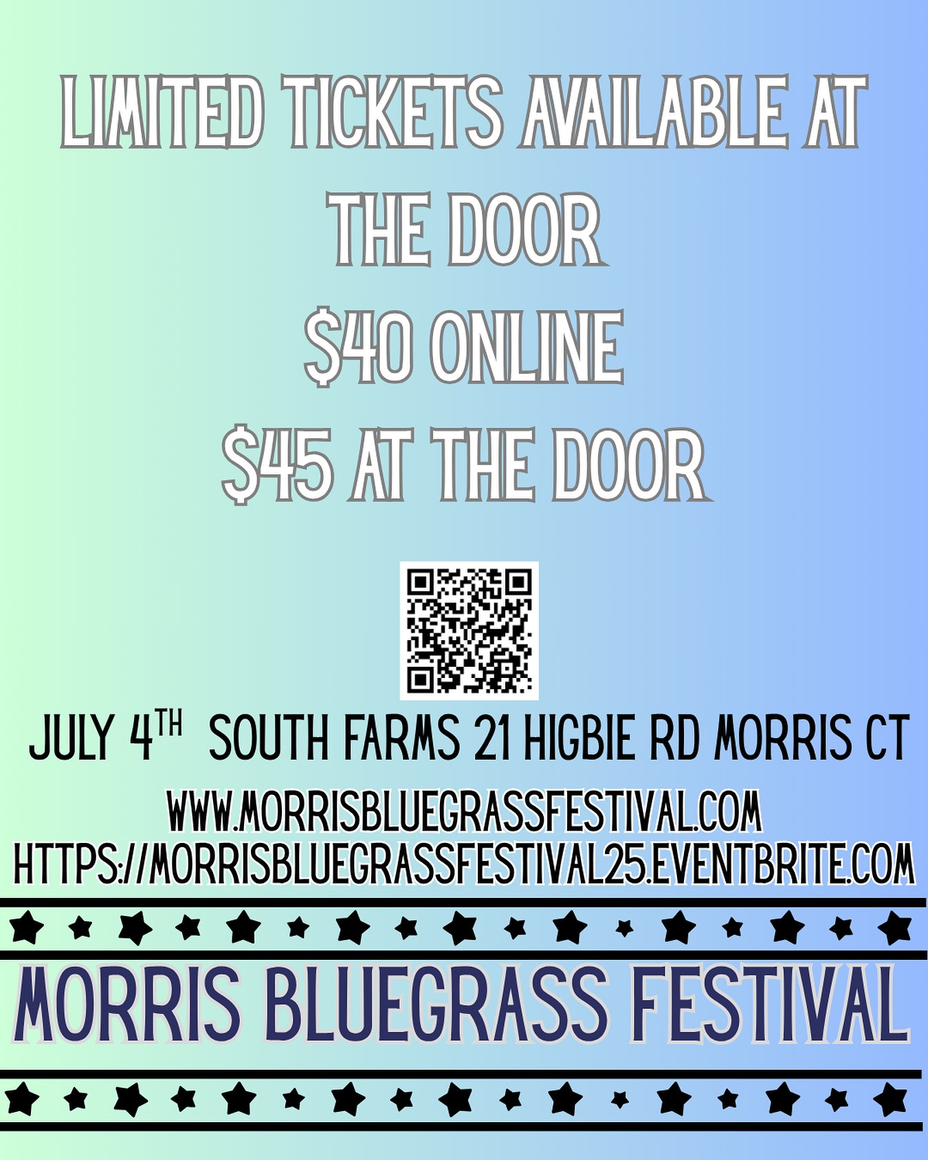 Tickets are available online at https://MorrisBluegrassFestival25.eventbrite.com
There will be tickets available at the door for $45 Adult and $25 16 and under.