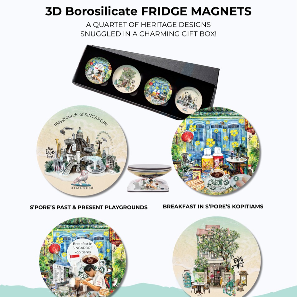 Authentic 3D Magnet Set – Features 4 beautifully crafted miniature scenes from Singapore’s cultural heritage
Premium Borosilicate Glass – Crystal-clear, durable, and elegant for lasting beauty
Functional Art – Strong magnet holds notes, photos, and light reminders
Elegant Gift Packaging – Long gift box ready for corporate, festive, or travel gifting
Designed by JTMUSES® to reflect Singapore’s spirit
Ideal for Everyone – Perfect for business partners, overseas guests, or heritage lovers
#ArtInspiredGifts #SingaporeHeritage #GlimpsesOfEdenArt #CorporateKeepsakes #CraftWithMeaning #BorosilicateArt #JTMUSES #NatureInspiredDesign #HeritageGifts #clientappreciationgifts