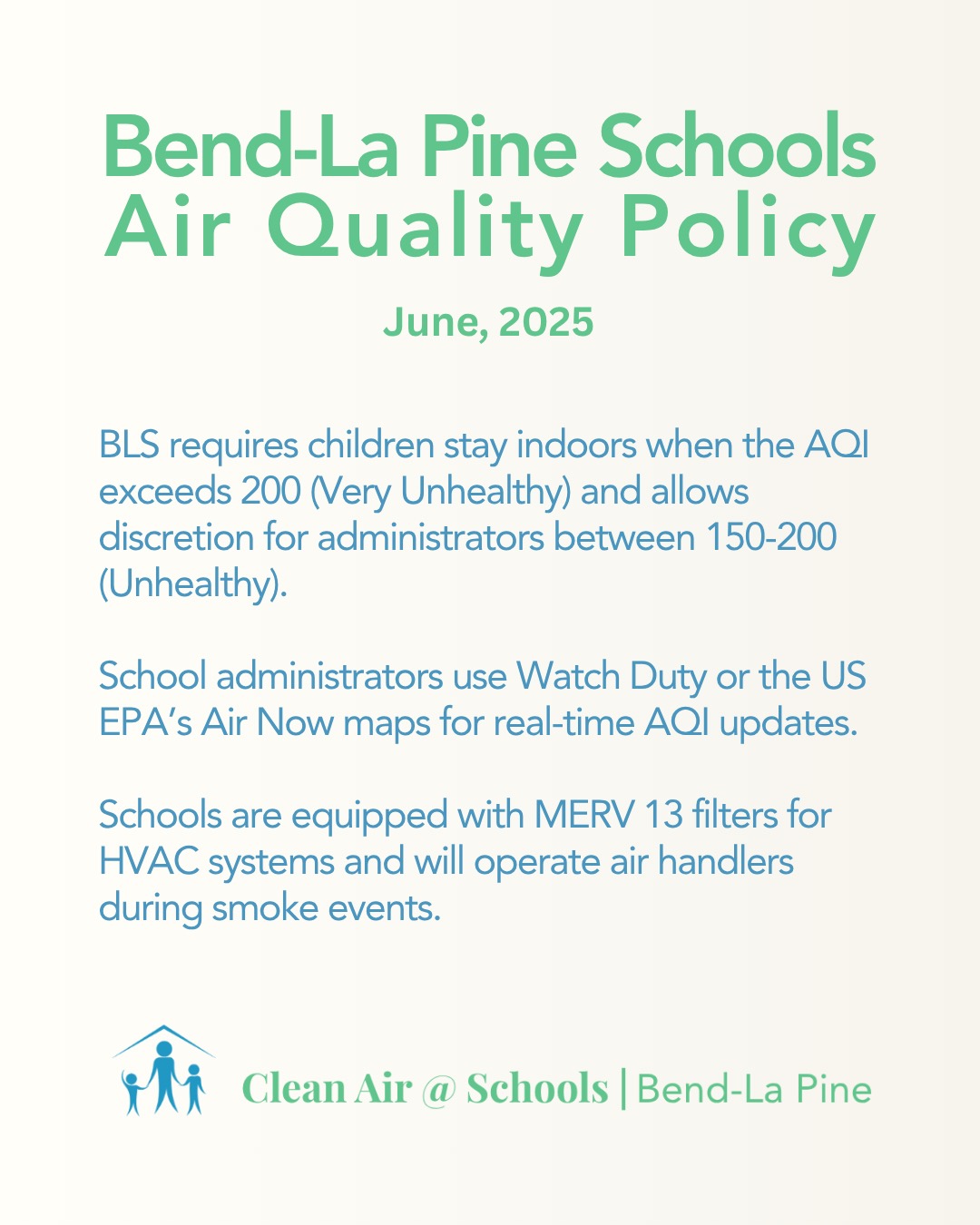Bend-La Pine Schools AQI policy as of June 2025 doesn't require children to be indoors until the AQI is over 200! It is up to individual school administrators to decide when to bring students inside when the AQI is between 150-200.