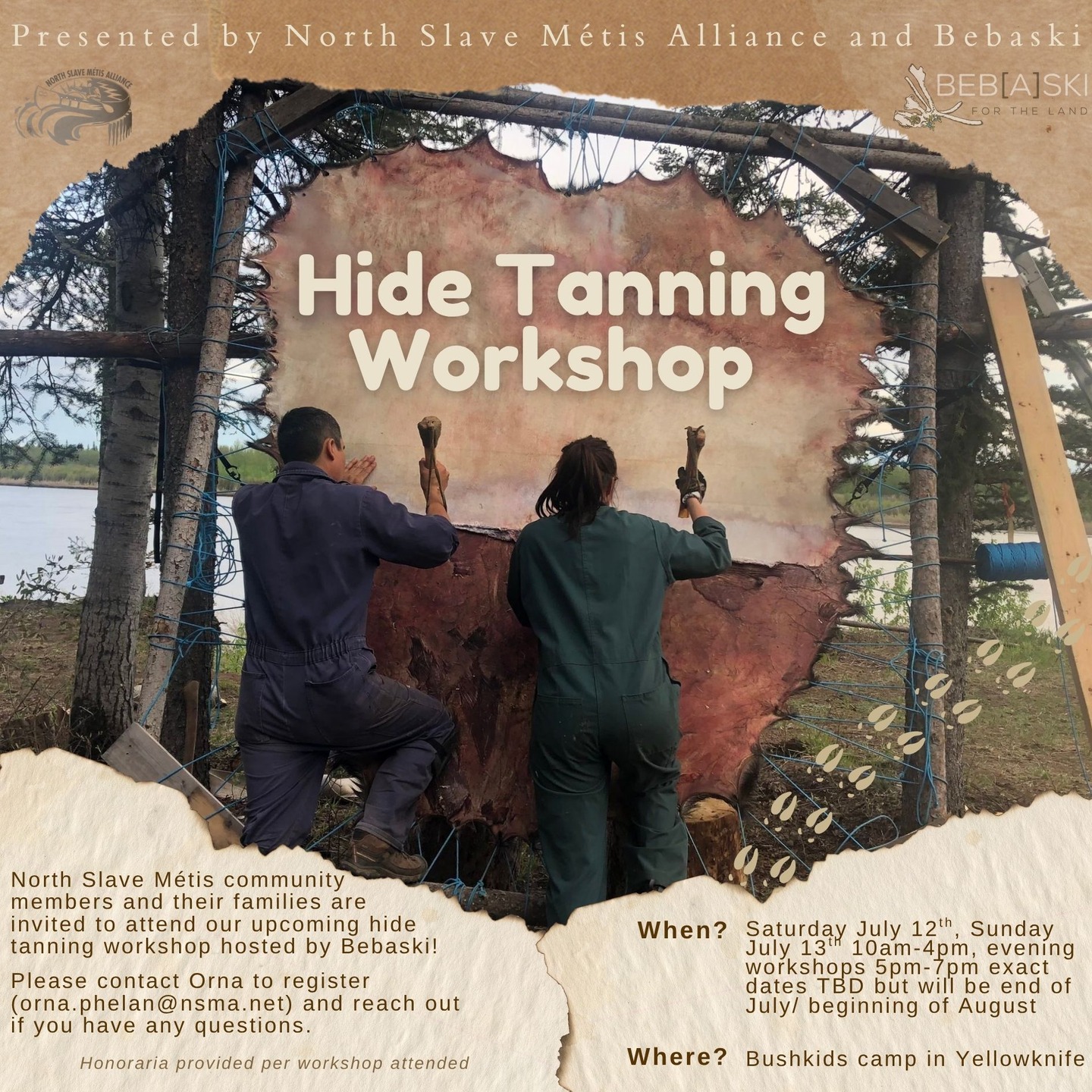 We are so excited to announce a series of hide tanning workshops that we will be putting on for NSMA members and their families, facilitated by Robert and Chloe of Bebaski! Robert and Chloe are proud to be Indigenous fur harvesters and love sharing their stories and skills with others.
Chloe Dragon Smith is an NSMA member born and raised in Somba K’é (Yellowknife), Denendeh (NWT). Of German, Dënesųłiné, Métis, and French heritage, she grew up close to her Indigenous cultural values and learned skills for living on the Land. The women and men of her maternal lineage lived, harvested, ate, shared, struggled, loved, and died on the Land in the boreal forests of northern Canada, where she lives today. While she has western education credentials, she has learned most of what she knows from her family and the Land.
Bebaski will facilitate a Traditional Knowledge workshop on July 12th-13th at the Bushkids site where NSMA children, youth and elders will come together to begin the process of tanning a whole hide while discussing how Indigenous knowledge informs conservation action. In addition to the hide teachings, they will share additional bush knowledge, protocols, and Métis identity perspective. We will have Traditional foods and story telling around the fire. After the initial two-day intensive workshop, Chloe will host 8-10 drop-in workshops to complete the process of tanning the hide with NSMA members. Skills learned will include frame building and tool prep, fleshing, scraping, wringing, softening, and smoking. In addition, we will be cooking traditional foods, discussing Traditional harvesting on the land, and talking about how Indigenous perspectives can shape conservation.
Please contact Orna (orna.phelan@nsma.net) to sign up!! Community members will be compensated honoraria for each workshop they attend. We are looking forward to seeing you all this coming weekend!