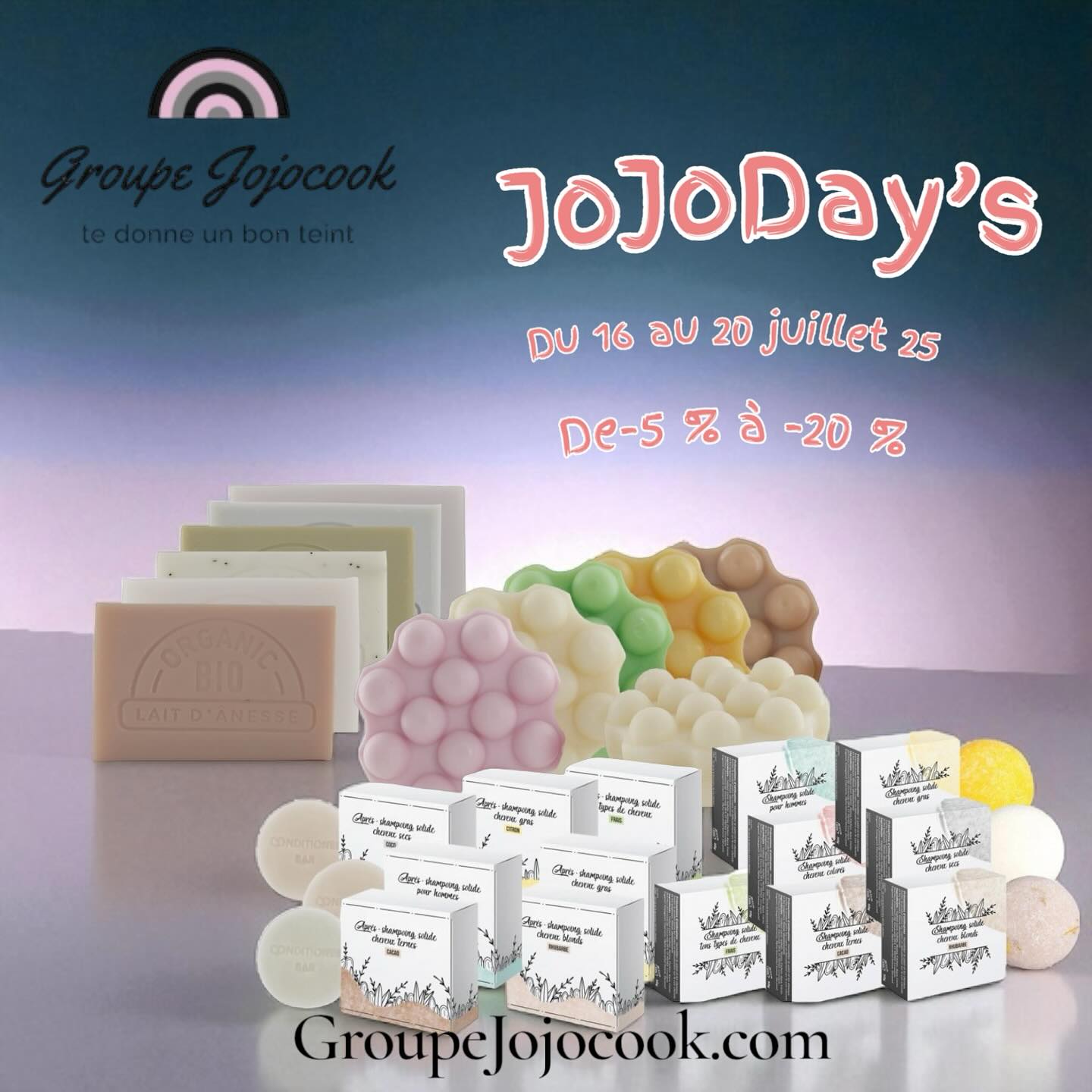 🎉 Les JojoDay’s sont lancés ! 🎉
Du 16 au 20 juillet, c’est le moment de craquer 💥
Profitez de -5 % à -20 % sur une sélection de vos produits préférés 🌿
🛒 Offre exclusive sur notre site
👥 Réservée aux particuliers
⏳ Durée limitée… ne tardez pas !
👉 www.groupejojocook.com
#JojoDays #PromosBienÊtre #GroupeJojocook #CosmétiquesSolides #ZéroDéchet #SoinsNaturels #OffreSpéciale #FaitMainAvecAmour#relax #france🇫🇷 #bienêtre