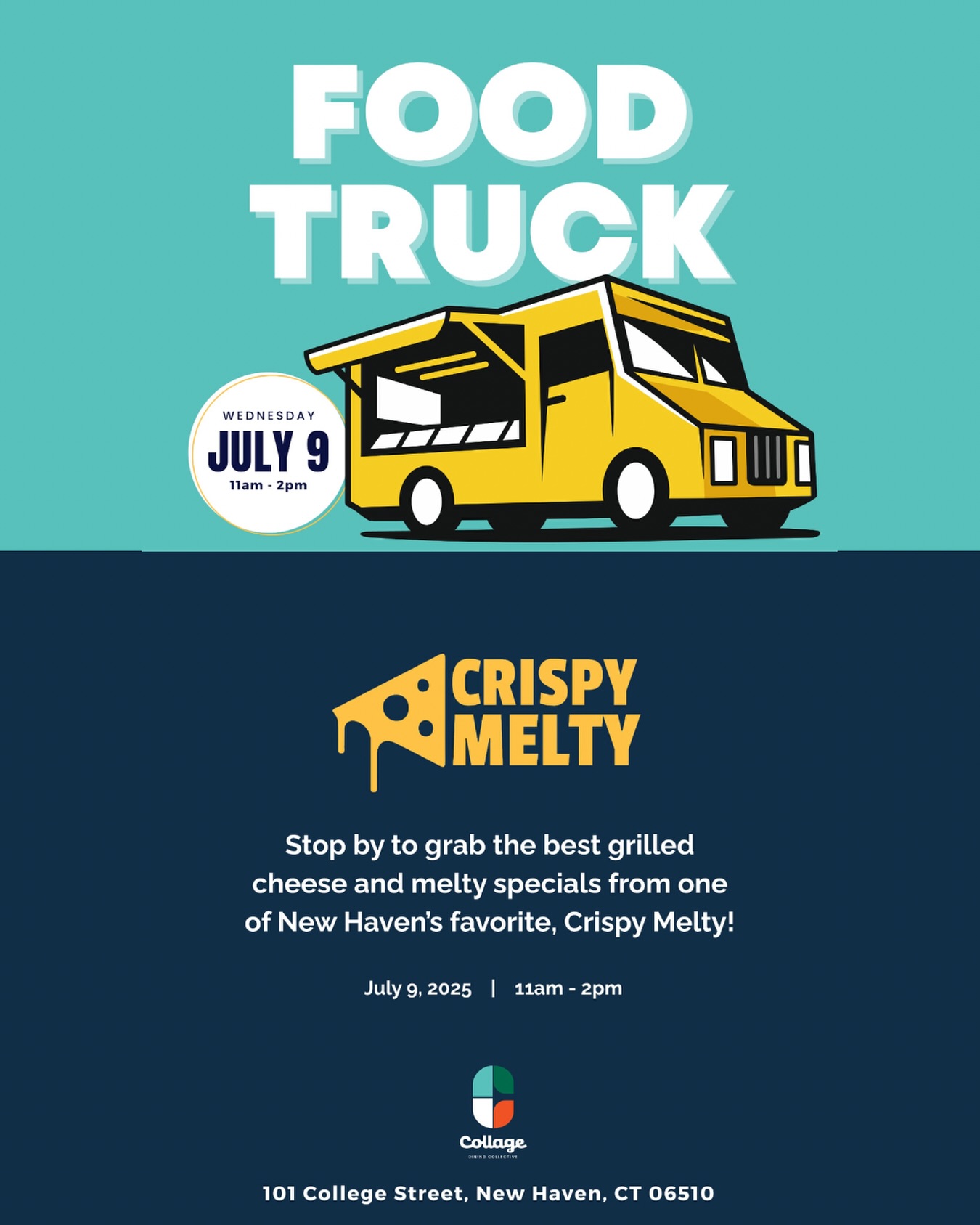 🚚 Something melts is rolling in tomorrow. With the grill hot and the cheese is melty—let’s go!
Collage is turning up the flavor this Wednesday, July 9 with a special guest— @caseuscrispymelty, one of CT’s favorite food trucks! 🧀🔥
Join us from 11AM–2PM at
📍 MLK BLVD, New Haven, CT
for ooey, gooey grilled cheese perfection and melty specials you won’t want to miss.
Come hungry. Leave melty. 😋
#CollageNewHaven #CrispyMelty #FoodTruckPopUp #LunchAtCollage #GrilledCheeseGoals #MeltyMoment