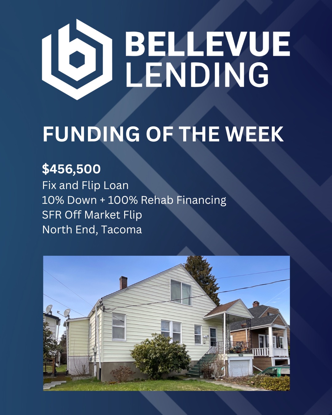 Funding of the Week
$456,500
Fix & Flip Loan
10% Down + 100% Rehab Financing
SFR Off Market Flip
North End, Tacoma
A repeat Bellevue Lending full time real estate investor purchased this OFFmarket SFR, blocks a way from University of Puget Sound, at a solid discounted price with an unfinished good height ceiling basement.
When this rehab is finished and back to market in 6 weeks, the 1,920 sqft updated SFR comps said $750k in this nice North End neighborhood of Tacoma.
Bellevue Lending team has funded 1,000s of Fix and Flip Loans in the Puget Sound so we can make quick decisions due to this experience in our region. We close quickly, finance assignment fee, wholesale friendly, and make sure our draw process is as fast as possible so that our Flipper clients maximize their investment return!
#fixandfliploans
#noappraisalneededtoclose
#OFFmarketdeals
#wholesalefriendly