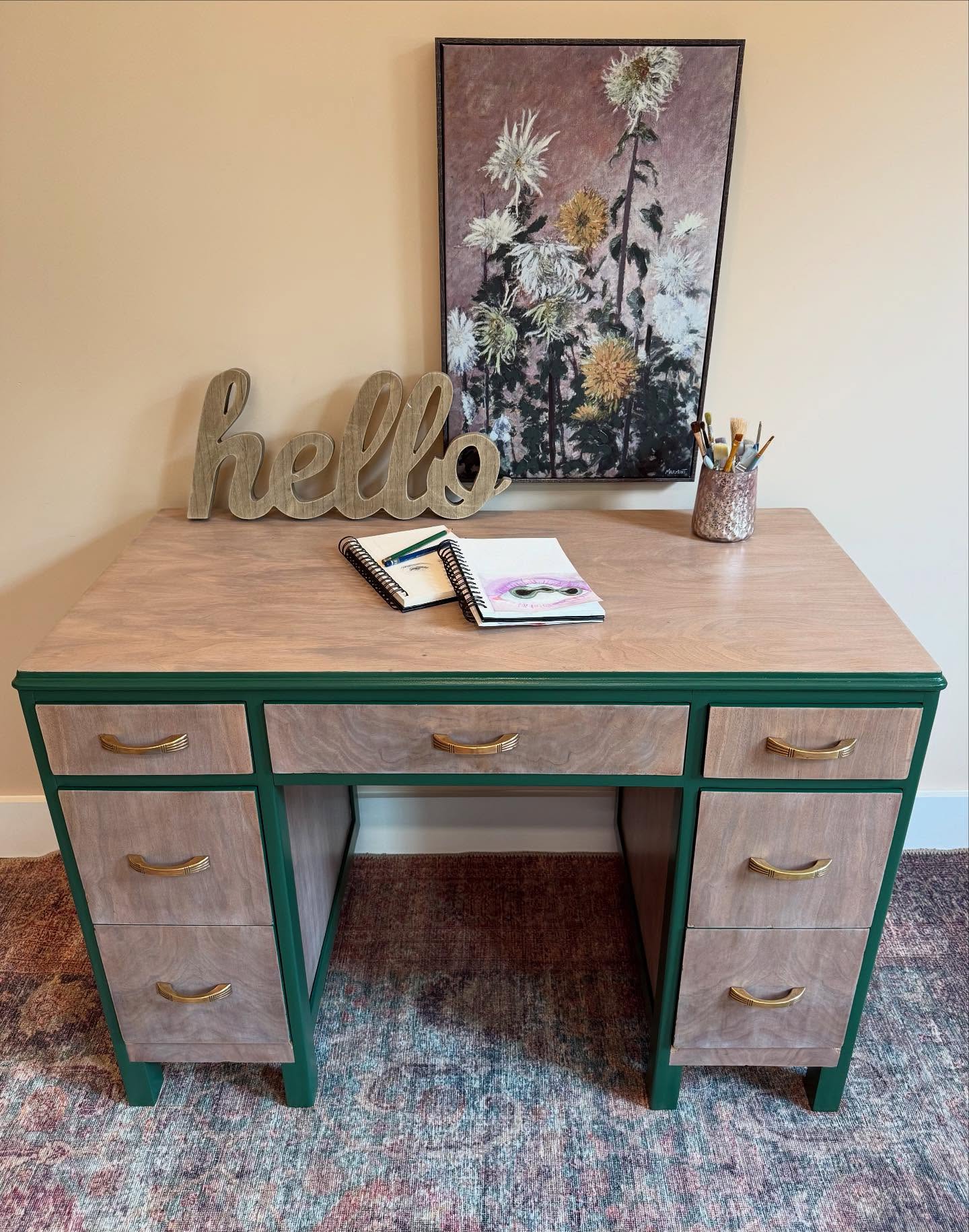 Check out what’s new in our shop! Soothing green accents beautiful walnut wood grain on our botanical-inspired desk. Shades of orange exude mid-century style in our pair of funky nightstands. Natural mahogany looks stunning against olive green on our reimagined vintage sideboard. So many style options to bring personality and function to your spaces! Shop the link in our bio for details.