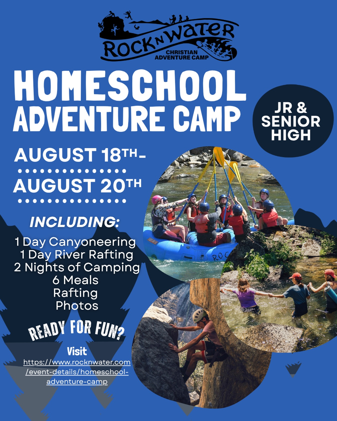 Join us for Rock-N-Water’s Homeschool Adventure Camp, a 3-day experience for junior high and high school students!
📍 Lotus, CA
🗓 August 18–20, 2025
🌊 1 day of whitewater rafting
🧗 1 day of canyoneering
🏕 2 nights of camping
🍽 6 meals included
Spend time in nature, grow in your faith, and connect with other homeschoolers through exciting, guided adventures. Register now to join the fun! Link is in our bio.