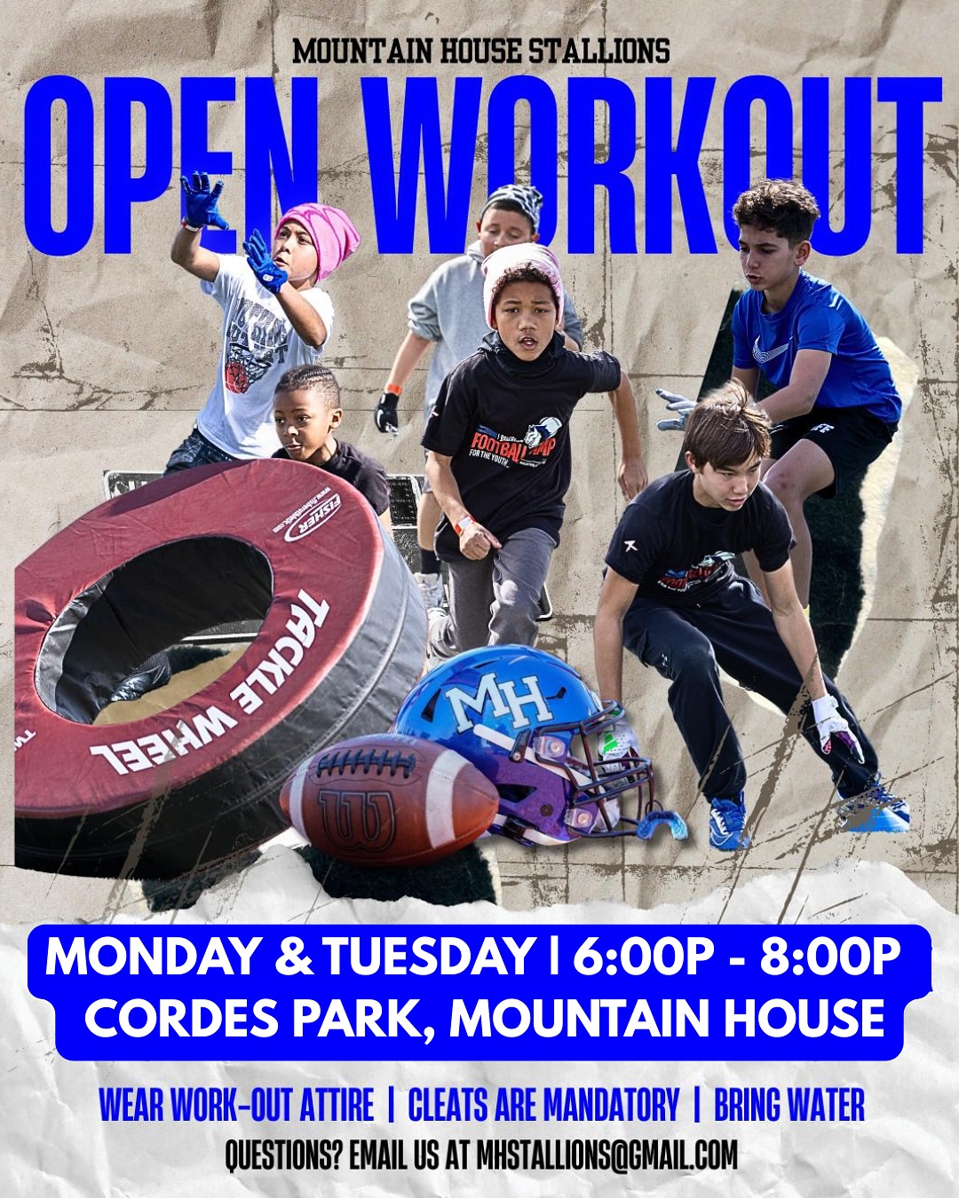 🚨 Still interested in joining the Stallions for the 2025 season? 🏈
We’re kicking off the season by opening the first two days of practice to the public!
📆 Monday & Tuesday
🕕 6:00 PM – 8:00 PM
📍 Cordes Park, Mountain House
Ages 6-14.
Come get a feel for what it’s like to be a Stallion! Work out with our coaches and players and see if you’ve got what it takes 💪
✅ Wear workout attire
✅ Cleats are mandatory
💧 Bring water!
📩 Questions? Email us at MHStallions@gmail.com