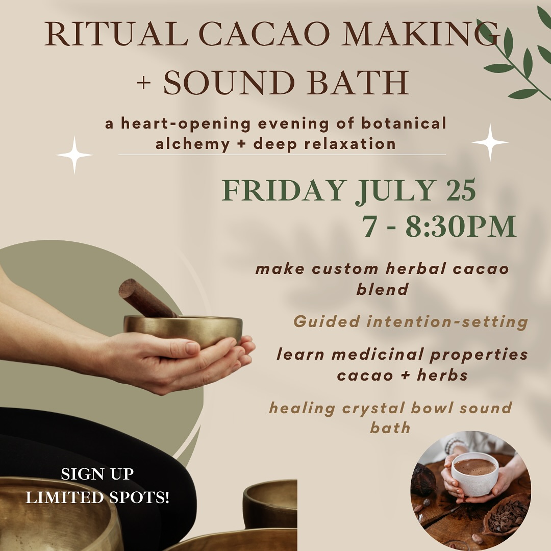🌿 Botanical Cacao Making Workshop + Sound Bath Journey 🌙
Join us for a heart-opening evening of botanical alchemy + deep relaxation. This immersive 90-minute experience begins with a hands-on cacao-making session with @secretcacaogarden where you’ll customize your own ritual cacao infused with healing herbs + adaptogens.
As we sip our warm cacao, we’ll set personal intentions celebrating the new moon in Leo before transitioning into a restorative sound bath. Let the healing frequencies of crystal bowls, ocean drums, + chimes guide you into a state of balance and inner calm.
✨ What’s Included:
🕯️Make your own herbal-infused cacao blend
🕯️Learn about the energetic and medicinal properties of cacao and herbs
🕯️Guided intention-setting practice
🕯️Sound bath for deep relaxation
🕯️Take-home cacao kit or recipe (optional add-on)
Perfect for anyone looking to connect with nature’s medicine, relax the nervous system, and awaken the heart.
✨Blankets provided. Space is limited — reserve your spot in advance. Friday, July 25th 7-8:30pm🌙 $55 per person
.
.
#soundbath #dcwellness #wellnesseventsdc #soundhealing #cacaoworkshop #georgetowndc #dcspa #botanicalmedicine #soundtherapy