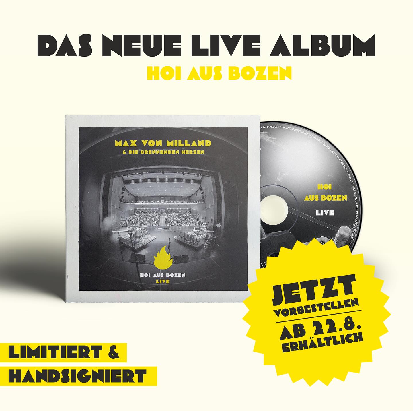 Live Alben sind long tine gone? Denkste! Max kommt mit seinem ersten Live Album daher, HOI Live aus Bozen, aufgenommen aufgedreht 25er Tour, vor ausverkaufter Hütte…und mit einem 28köpfigen Chor=Choriosum…Fans lieben es! Gibts in limitierter und signierter Auflage von 500 Stück…be there or be square…und ich sag HOI! @maxvonmilland @herrgamper @emilyferri.music @evi_hilpold @cluzifer @choriosum.acappella