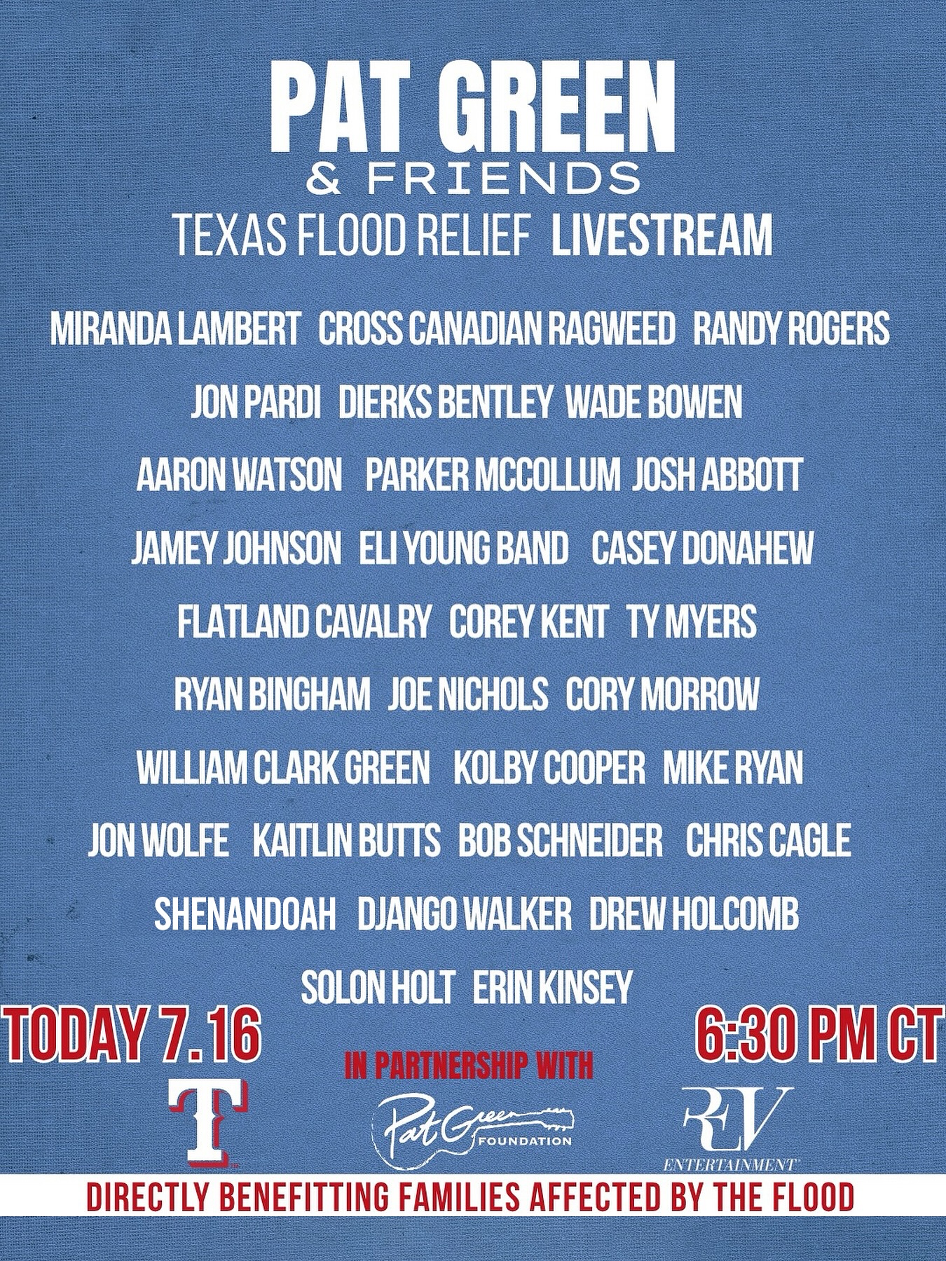 Join us tonight for the livestream as we come together to raise money for families affected by the recent Texas floods. Livestream will begin at 6:30 PM CT - Livestream Link: https://givebutter.com/X8we2r