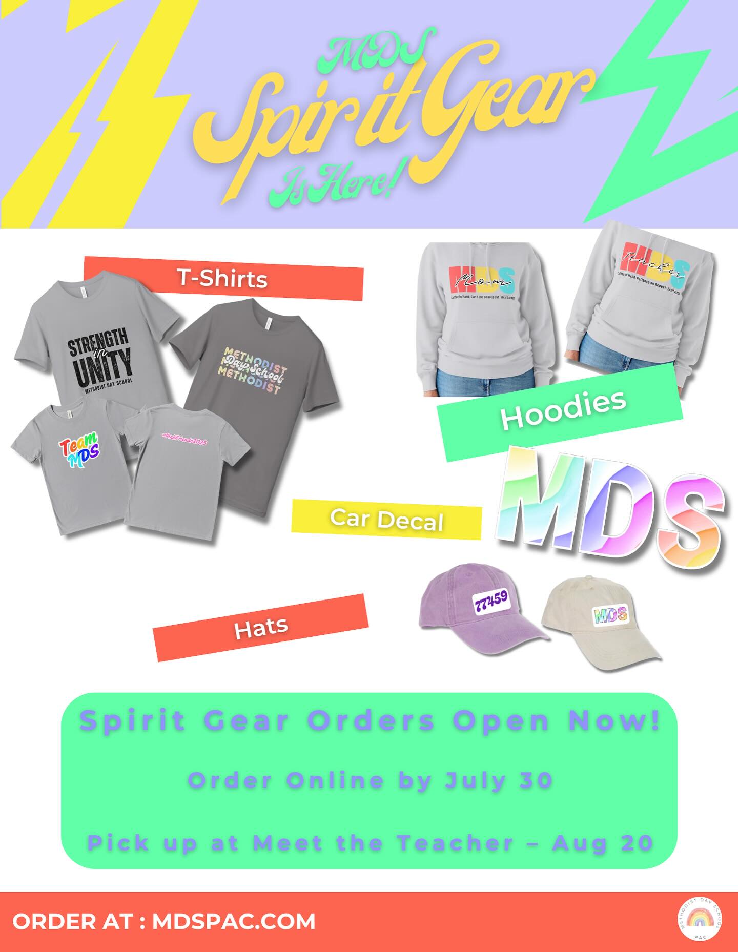🎉 Exciting Announcement from the MDS PAC!
We’re thrilled to unveil our new spirit gear collection, featuring t-shirts, hats, hoodies, and an MDS car decal!
🏆✨ Show your support for MDS Preschool with these fun and stylish items, perfect for everyday wear and special events.
The ordering period will close on July 30, and your items will be available for pick-up at Meet the Teacher on August 20!
We’ll have another round of ordering once the school year begins, so stay tuned for more opportunities to get your spirit gear!
Shop now on our new MDS PAC webpage:
https://www.mdspac.com/category/all-products
#MDSPAC #SpiritGear #PreschoolPride
A heartfelt thank you to our amazing PAC team for their tireless efforts in bringing this to our MDS community! If you love our PAC, be sure to smash that like button!