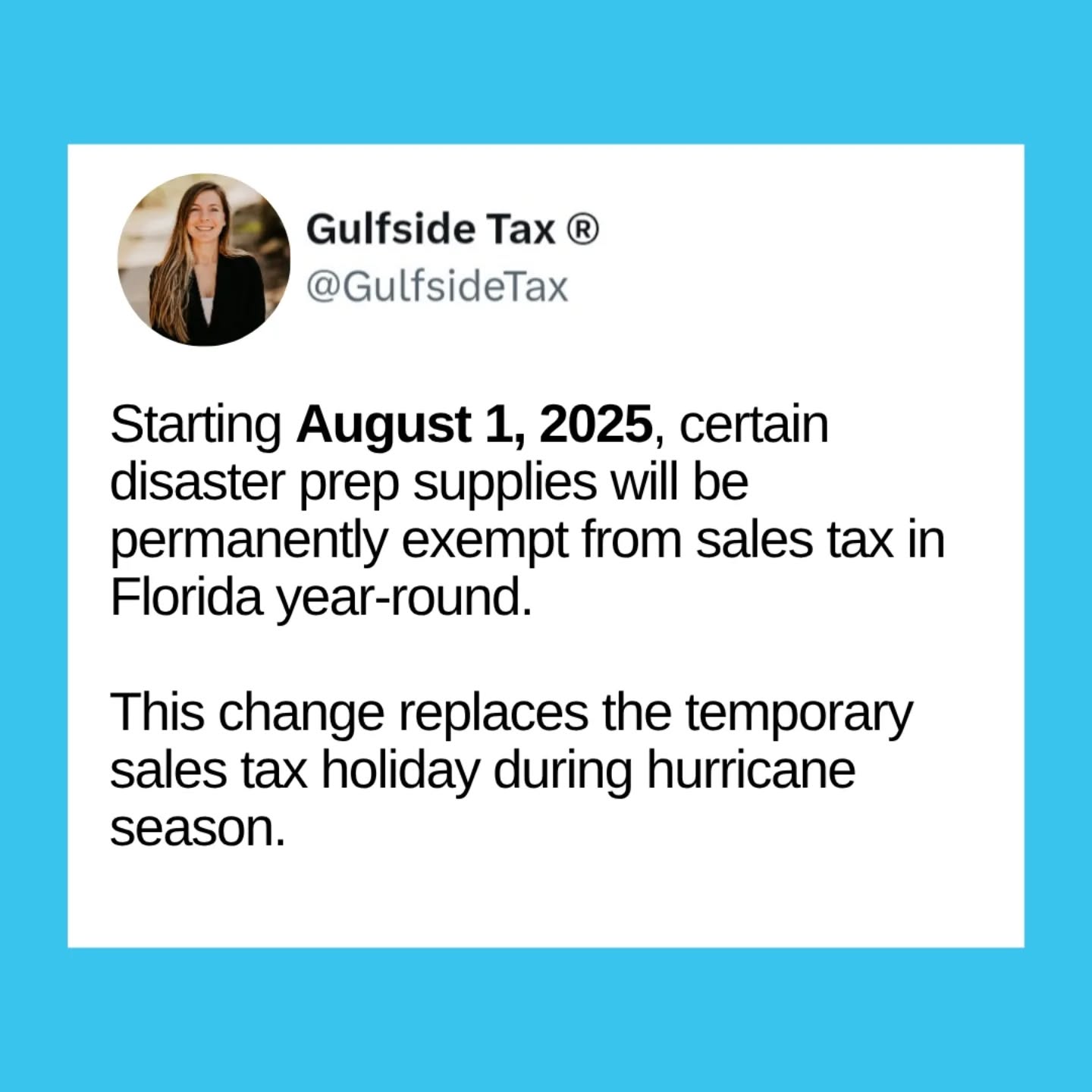 No tax on disaster prep supplies in FL starting next month!
#taxes #hurricane #storms #florida